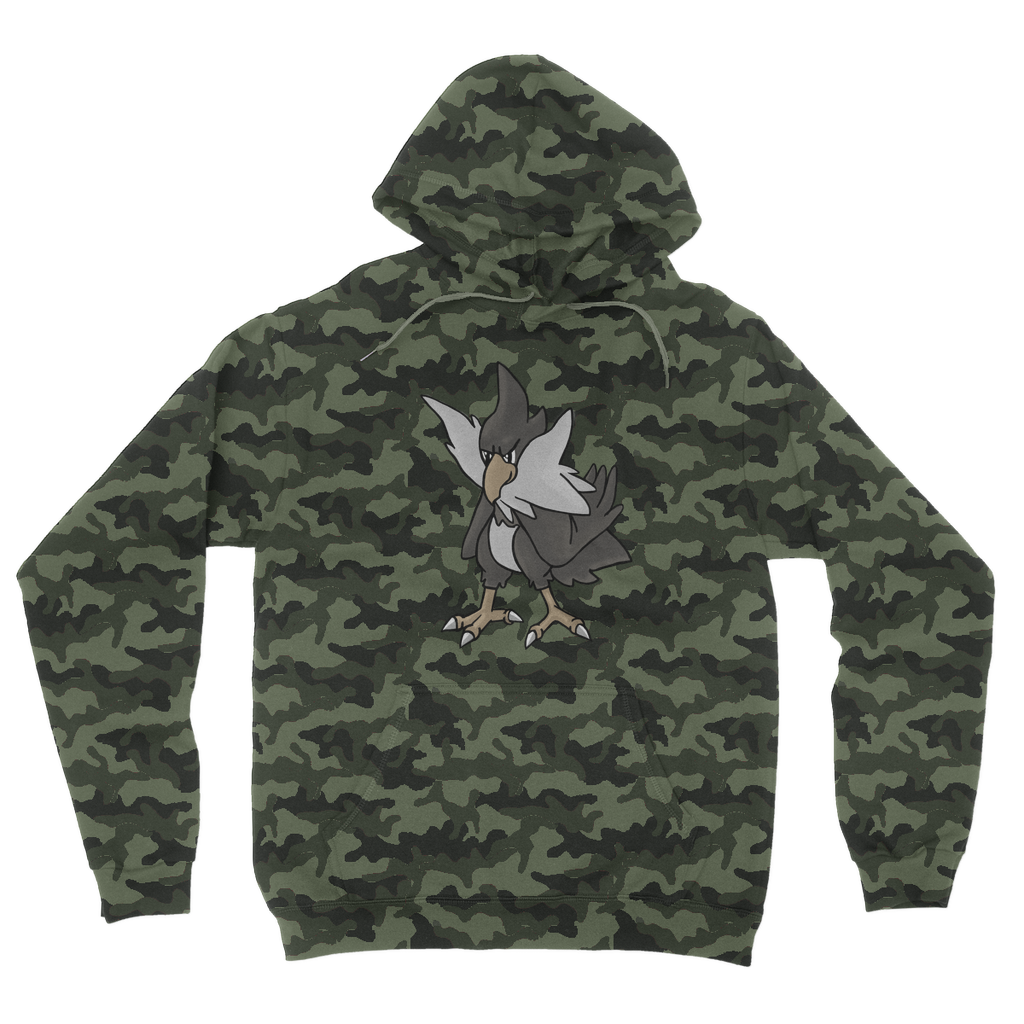 BiChipla Camouflage Adult Hoodie featuring a stylish all-over camo print, double fabric hood, and kangaroo pouch pocket.