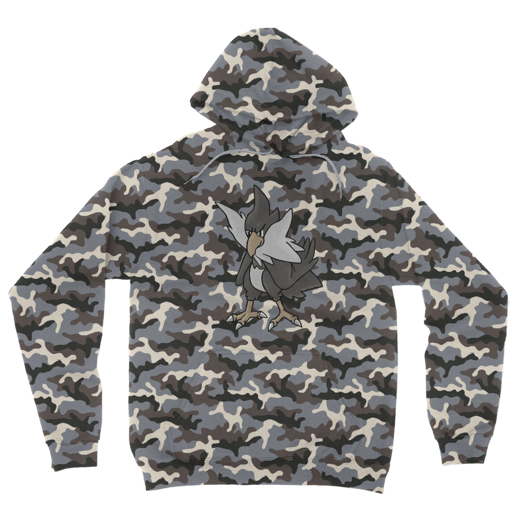 BiChipla Camouflage Adult Hoodie featuring a stylish all-over camo print, double fabric hood, and kangaroo pouch pocket.