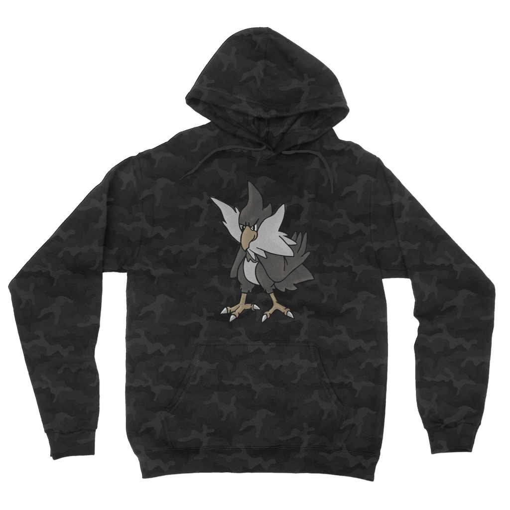 BiChipla Camouflage Adult Hoodie featuring a stylish all-over camo print, double fabric hood, and kangaroo pouch pocket.