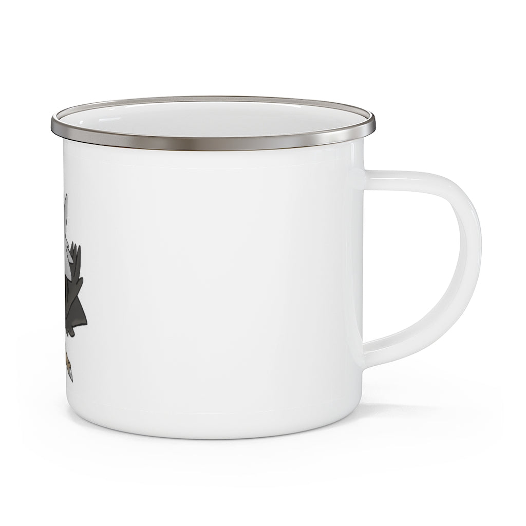 BiChipla Enamel Camping Mug in a natural outdoor setting, showcasing its durable design and customizable printing.