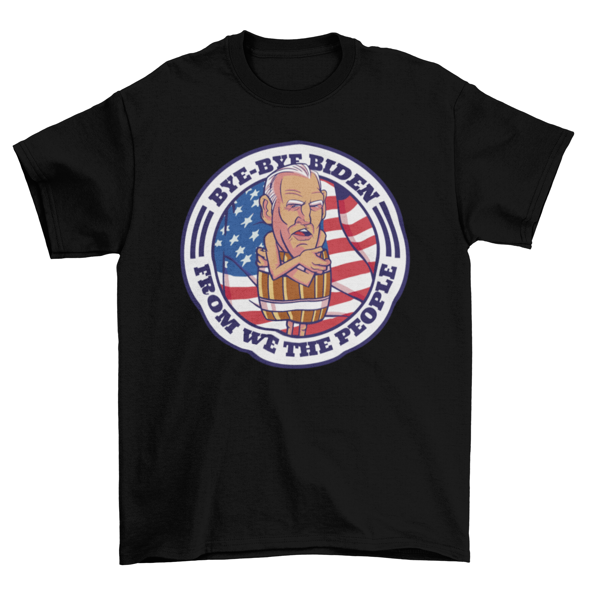 Cartoon Biden in barrel shirt.