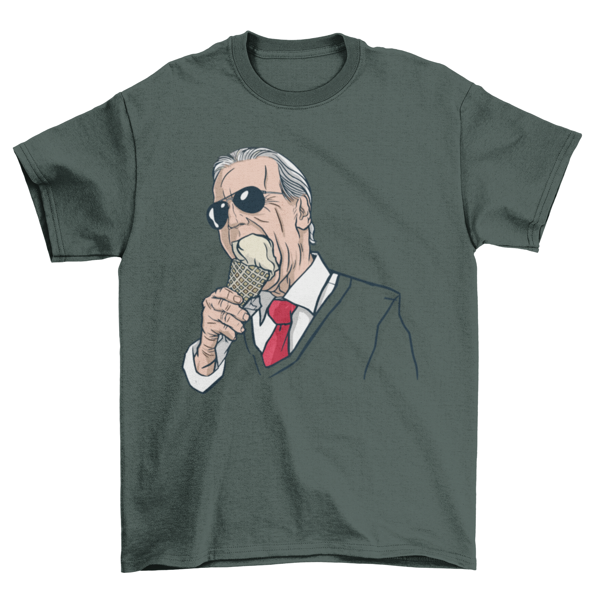 Biden ice-cream t-shirt featuring Joe Biden in sunglasses enjoying ice-cream, vibrant and playful design.