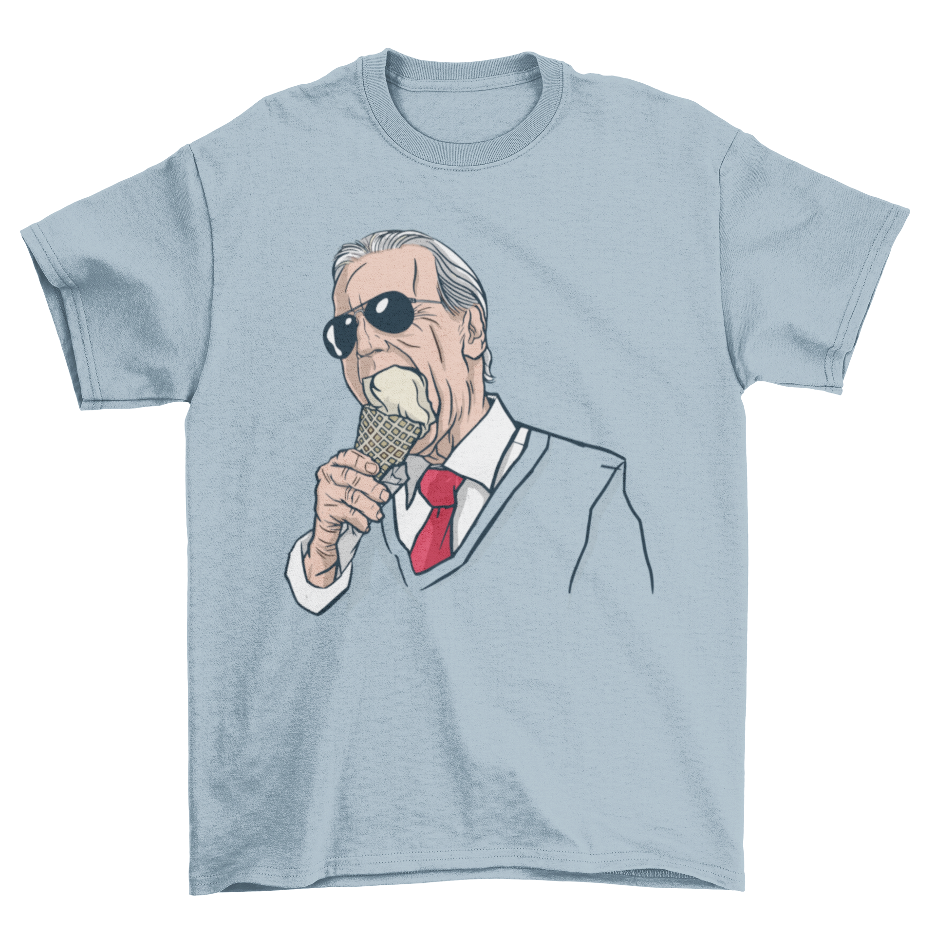 Biden ice-cream t-shirt featuring Joe Biden in sunglasses enjoying ice-cream, vibrant and playful design.