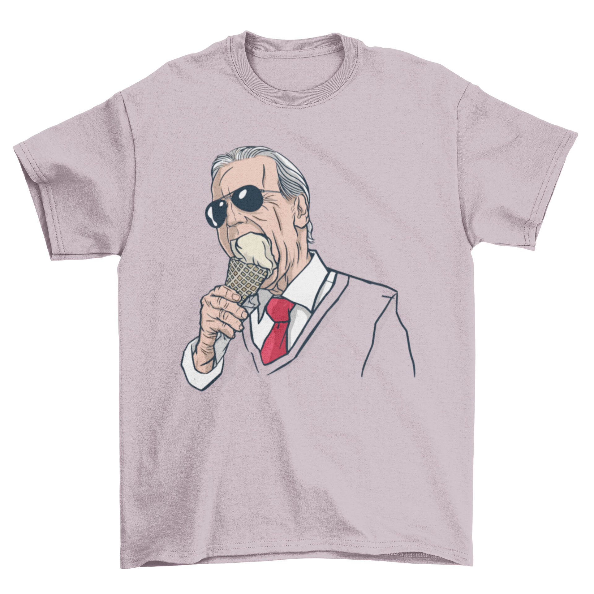 Biden ice-cream t-shirt featuring Joe Biden in sunglasses enjoying ice-cream, vibrant and playful design.