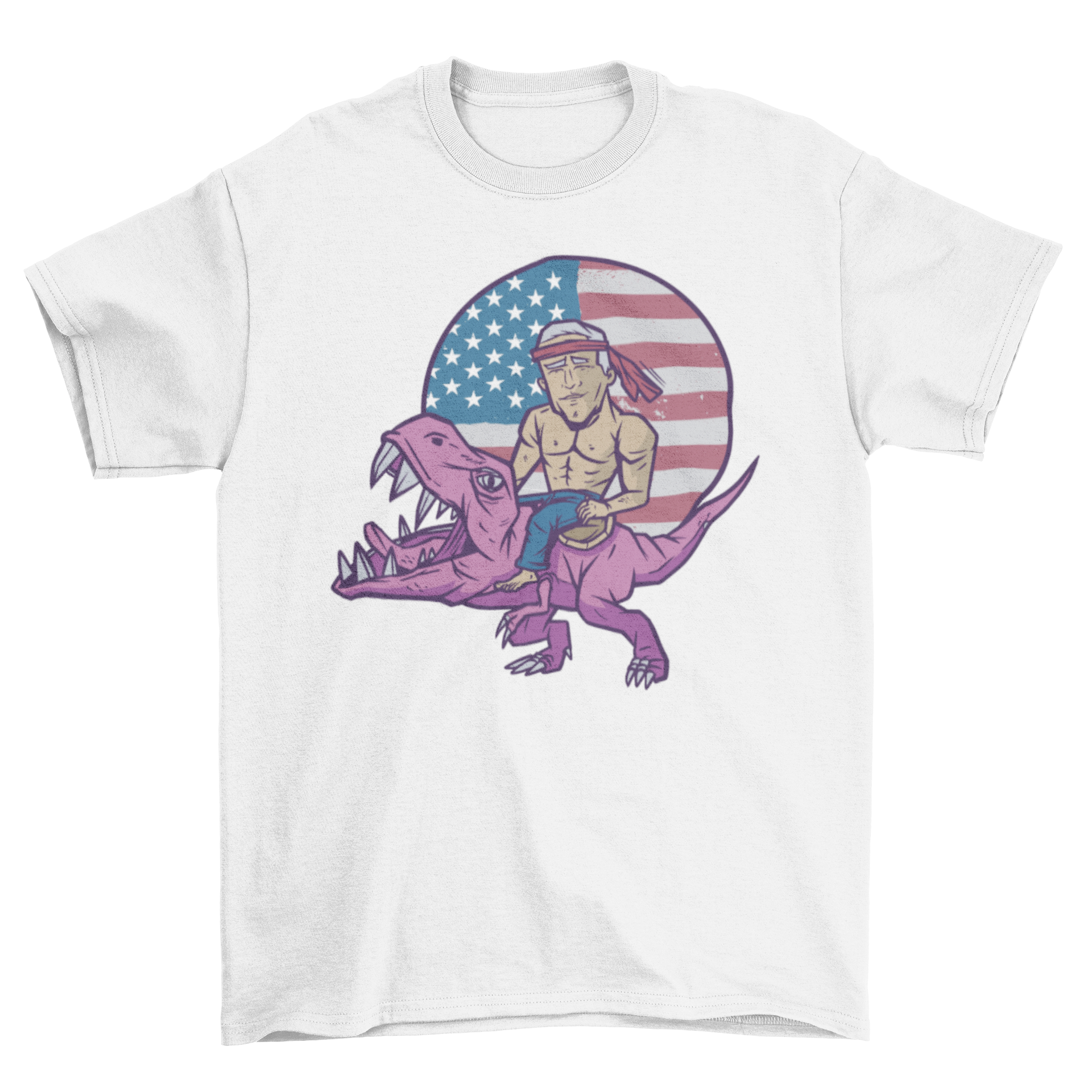 Biden T-Rex T-Shirt featuring Joe Biden riding a T-Rex with an American flag design.