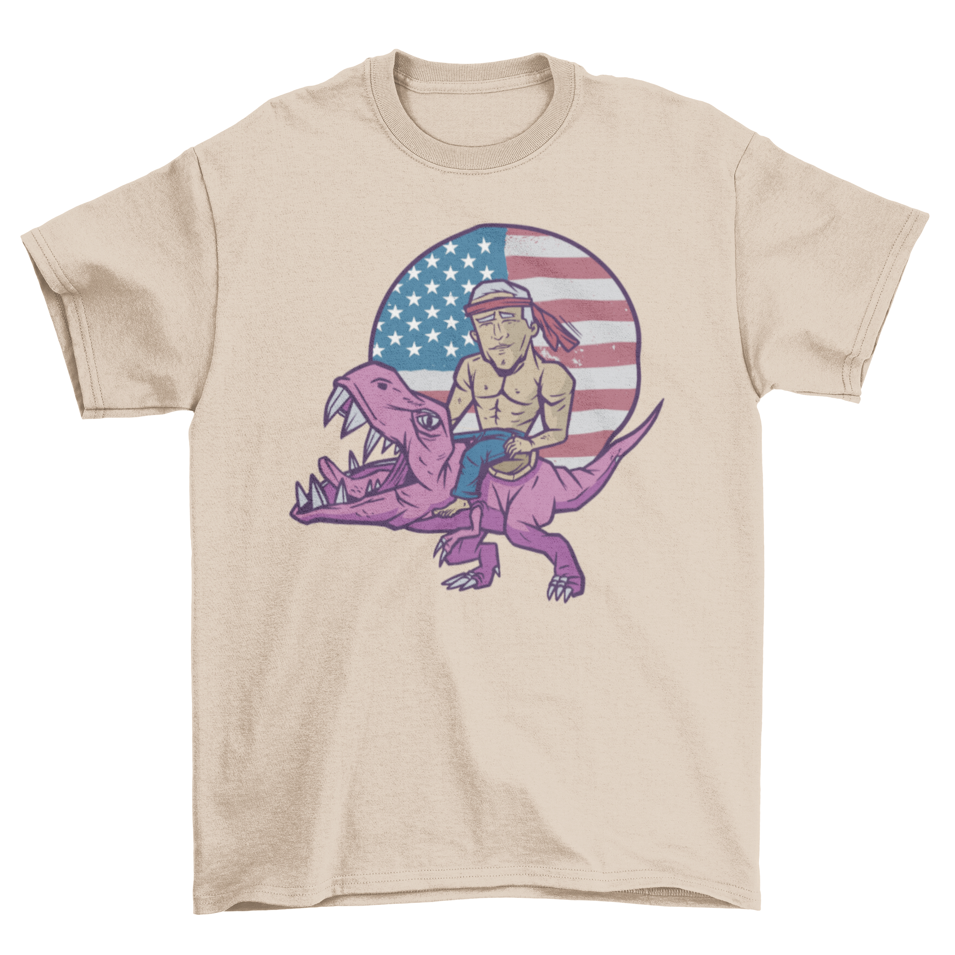 Biden T-Rex T-Shirt featuring Joe Biden riding a T-Rex with an American flag design.