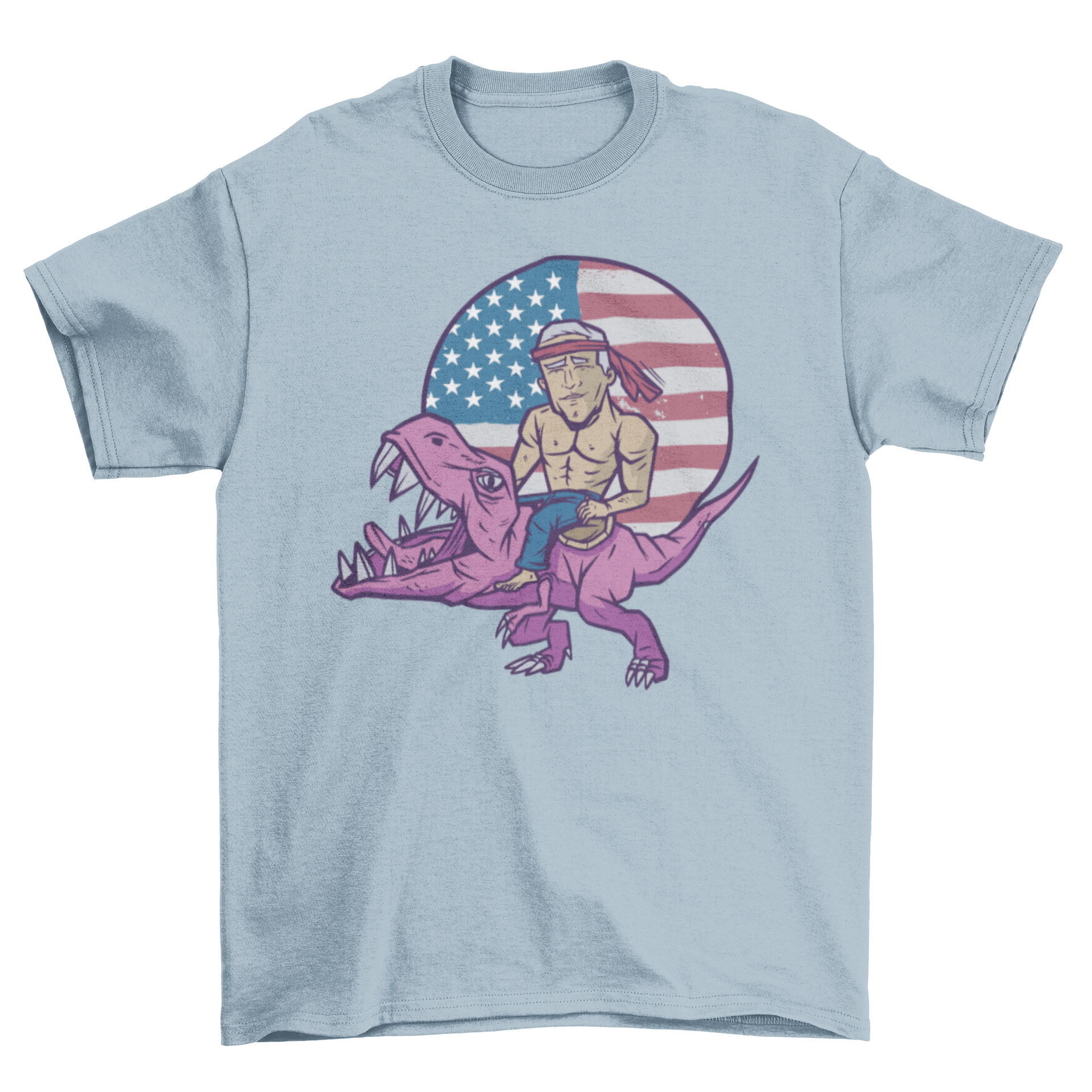 Biden T-Rex T-Shirt featuring Joe Biden riding a T-Rex with an American flag design.