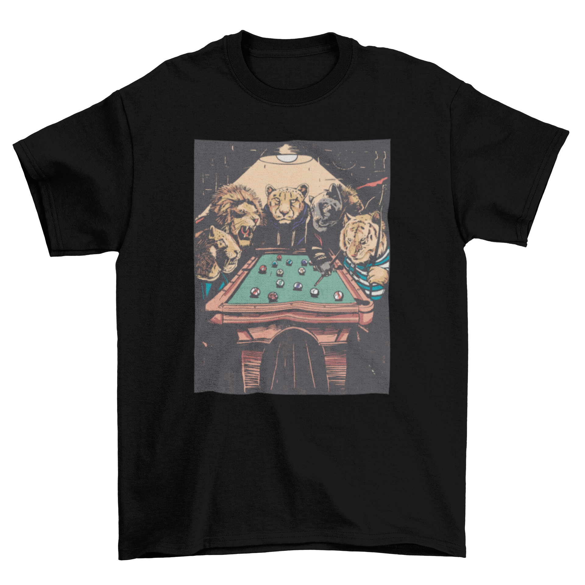 A playful t-shirt design featuring a lion and a tiger playing pool, showcasing vibrant colors and a fun theme.