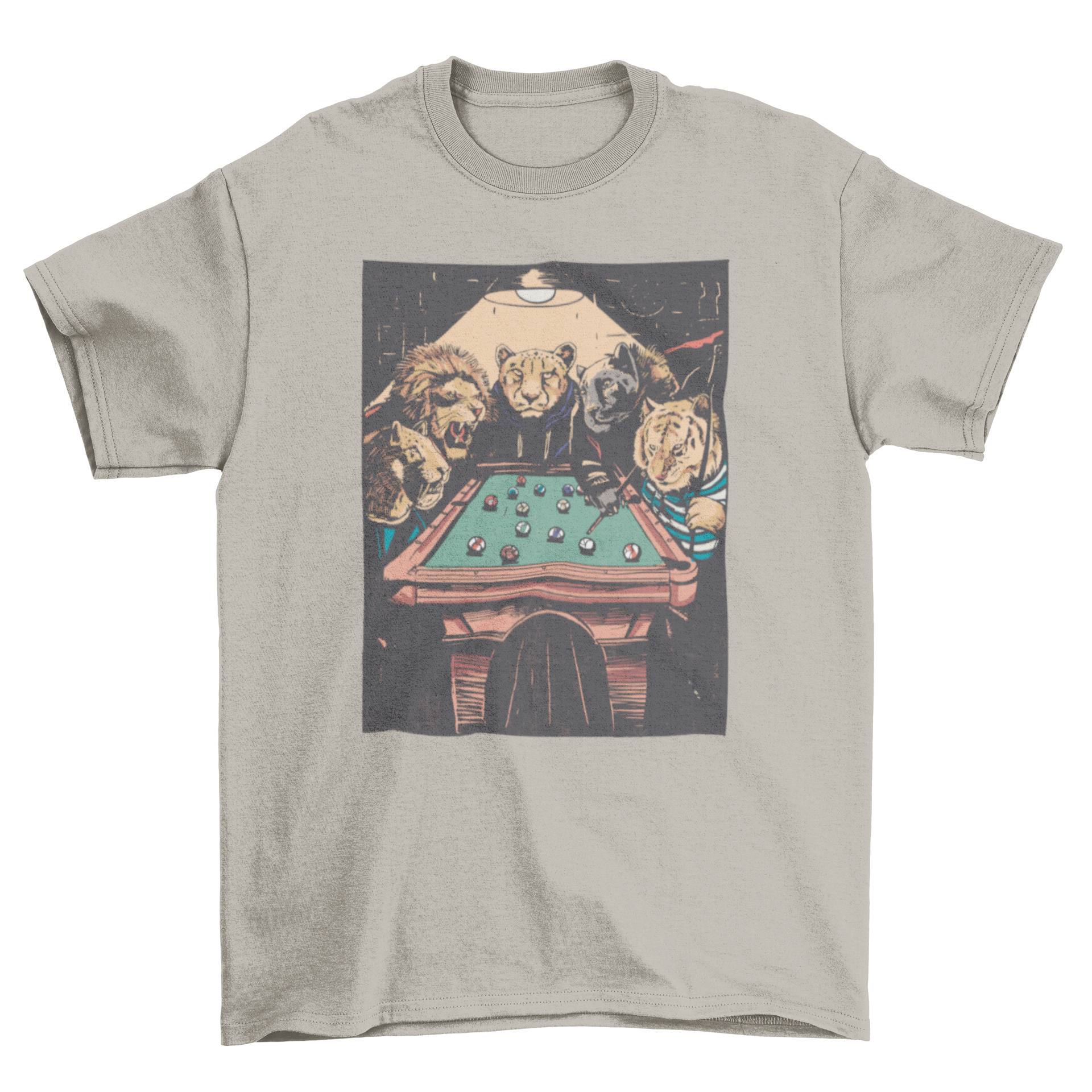 A playful t-shirt design featuring a lion and a tiger playing pool, showcasing vibrant colors and a fun theme.