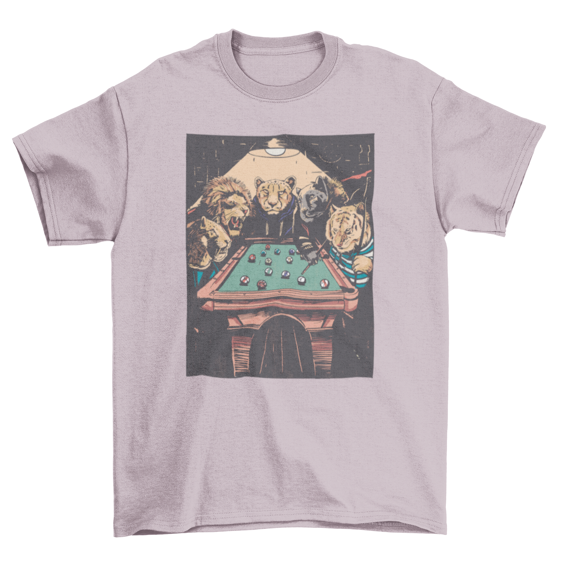 A playful t-shirt design featuring a lion and a tiger playing pool, showcasing vibrant colors and a fun theme.