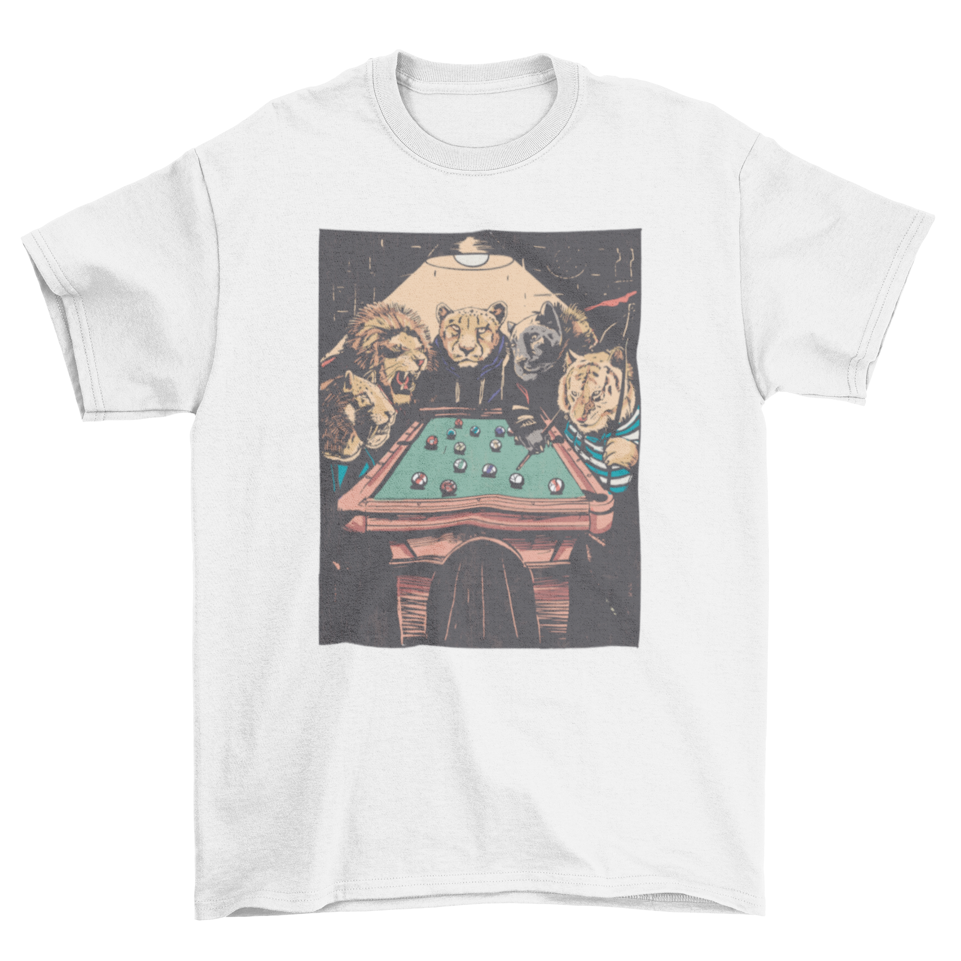 A playful t-shirt design featuring a lion and a tiger playing pool, showcasing vibrant colors and a fun theme.