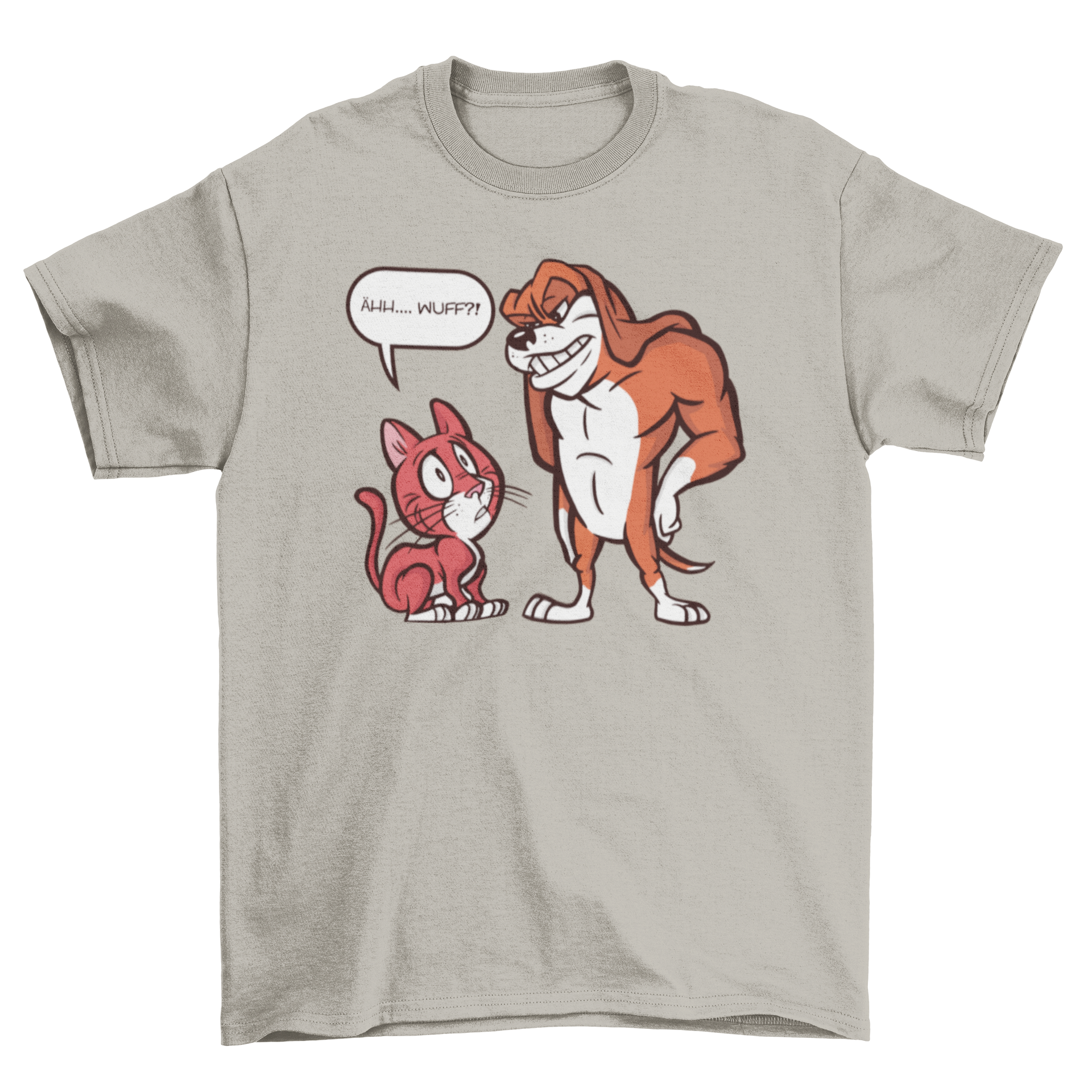 A humorous t-shirt featuring a scared cat illustration in front of a big dog, showcasing a playful pet dynamic.