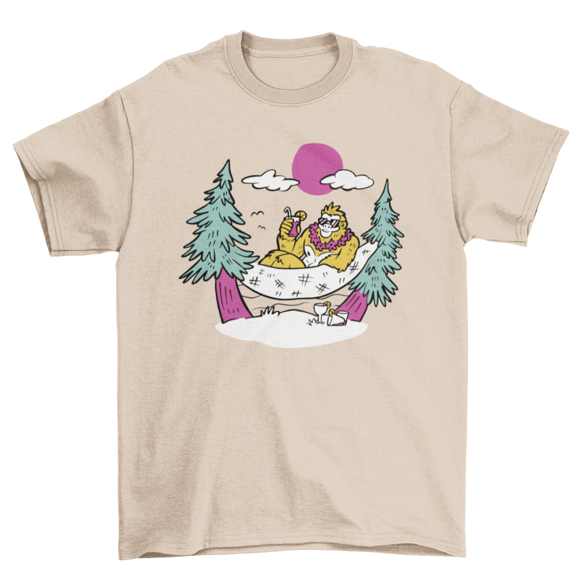 Big Foot hammock t-shirt featuring a whimsical design of Big Foot relaxing in a hammock, perfect for casual wear.