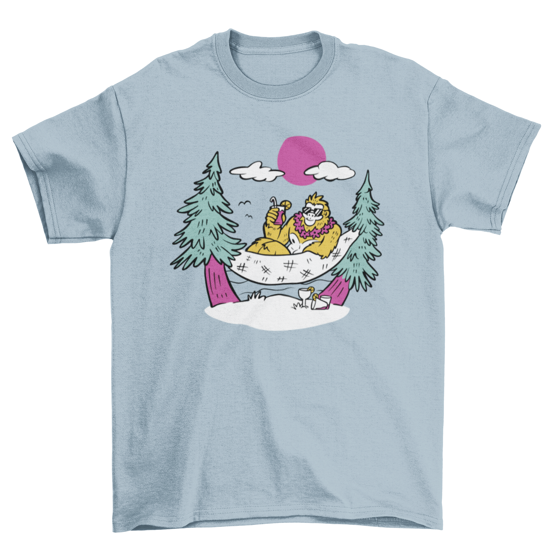 Big Foot hammock t-shirt featuring a whimsical design of Big Foot relaxing in a hammock, perfect for casual wear.