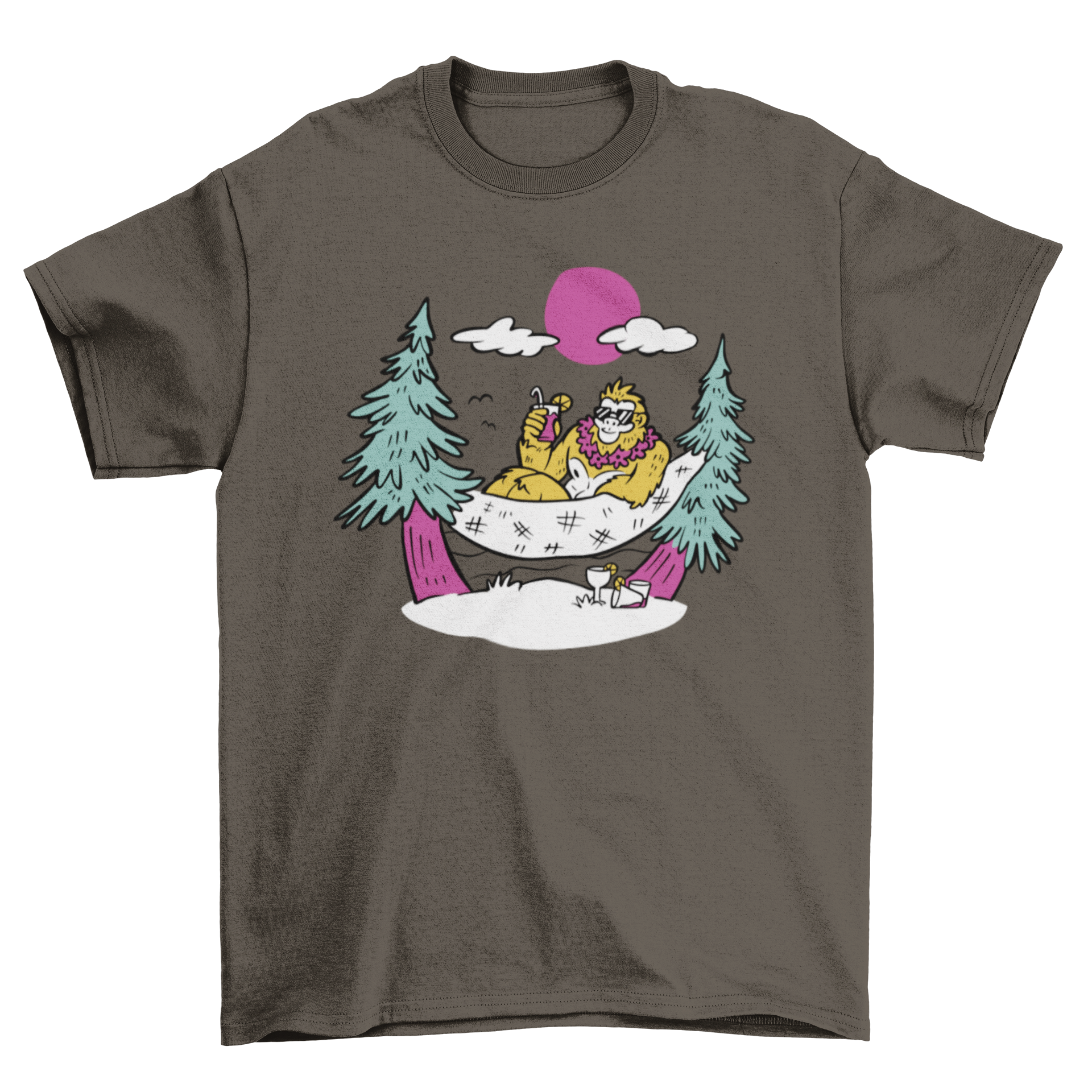 Big Foot hammock t-shirt featuring a whimsical design of Big Foot relaxing in a hammock, perfect for casual wear.