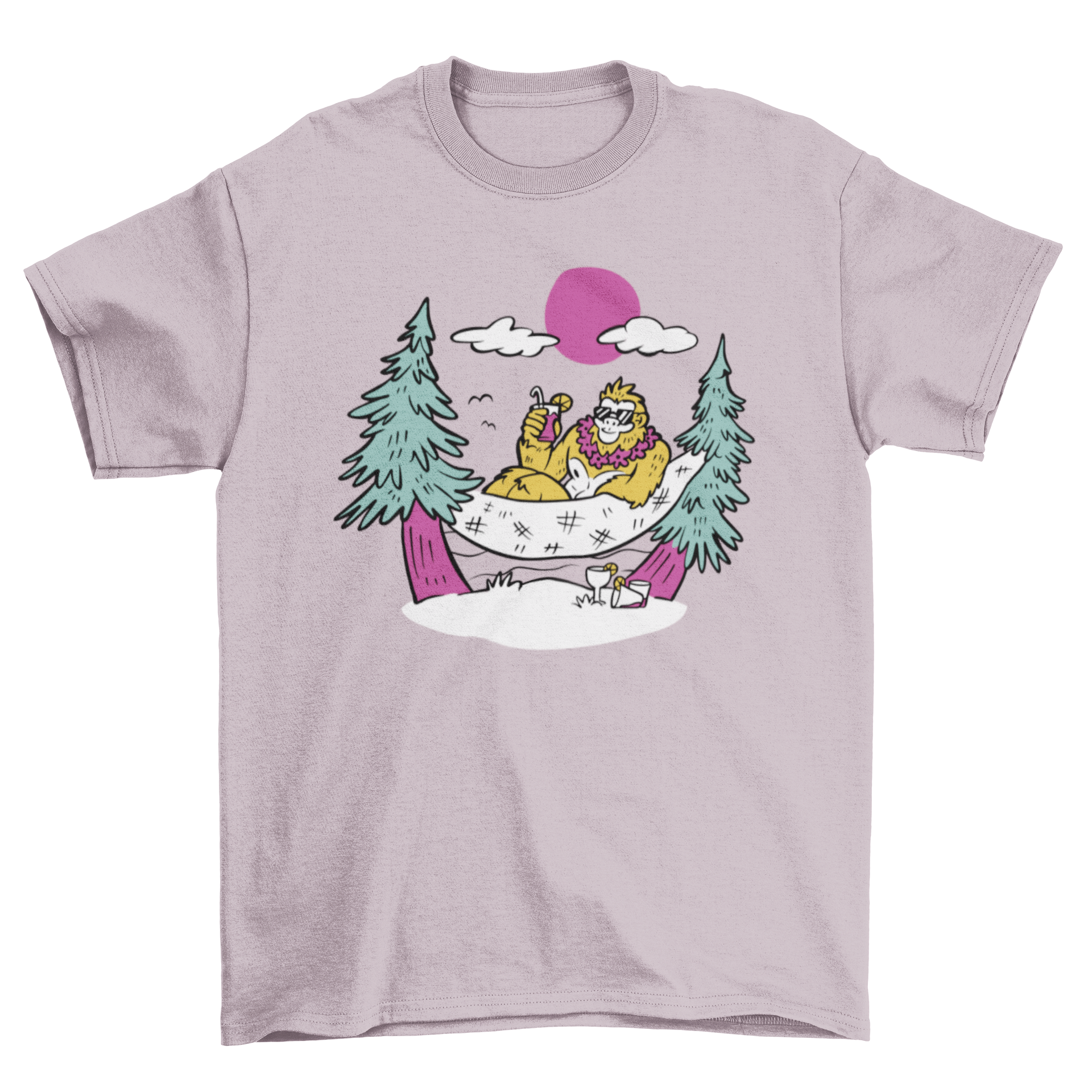 Big Foot hammock t-shirt featuring a whimsical design of Big Foot relaxing in a hammock, perfect for casual wear.