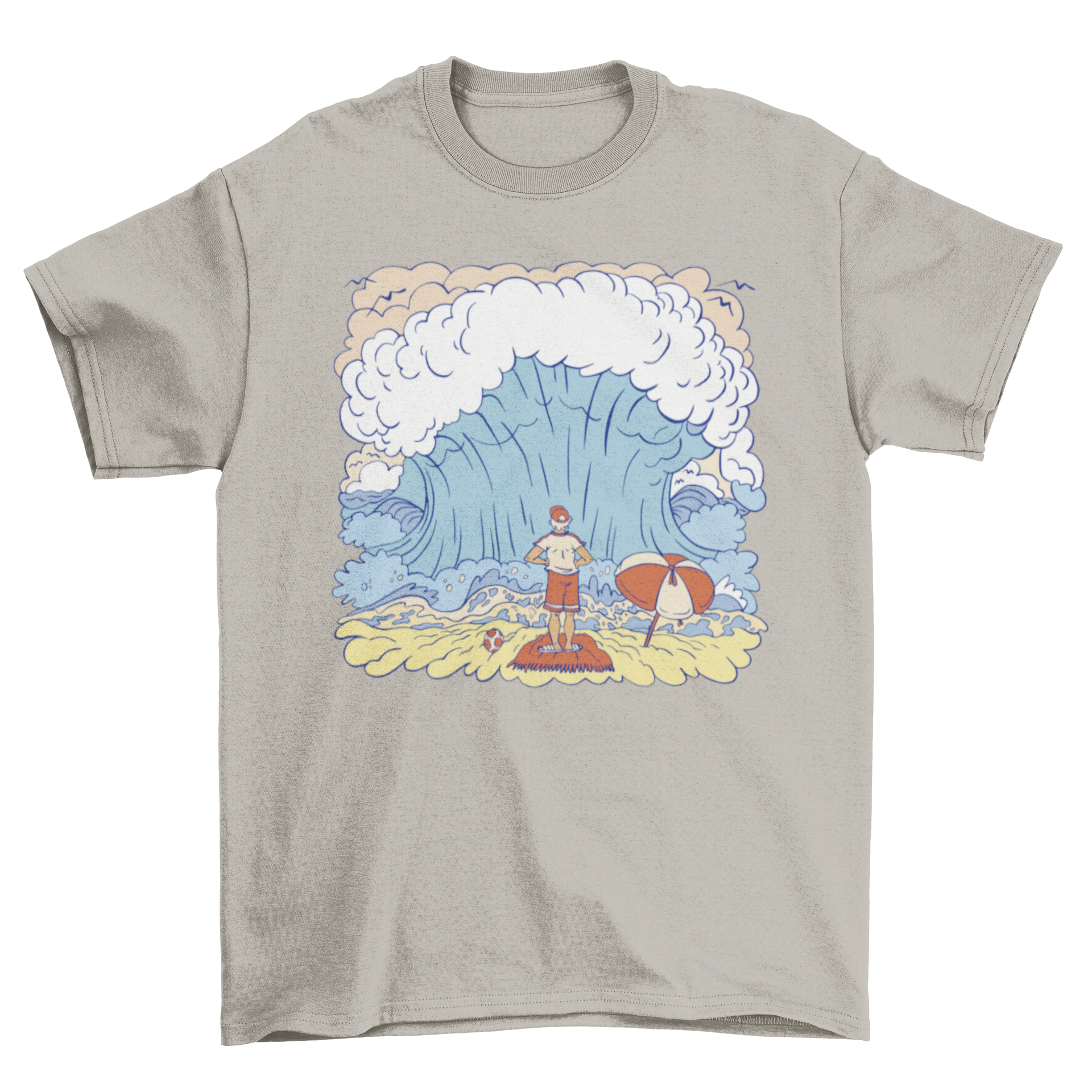 Big Wave Meme T-Shirt featuring a man standing in front of a large ocean wave at the beach.