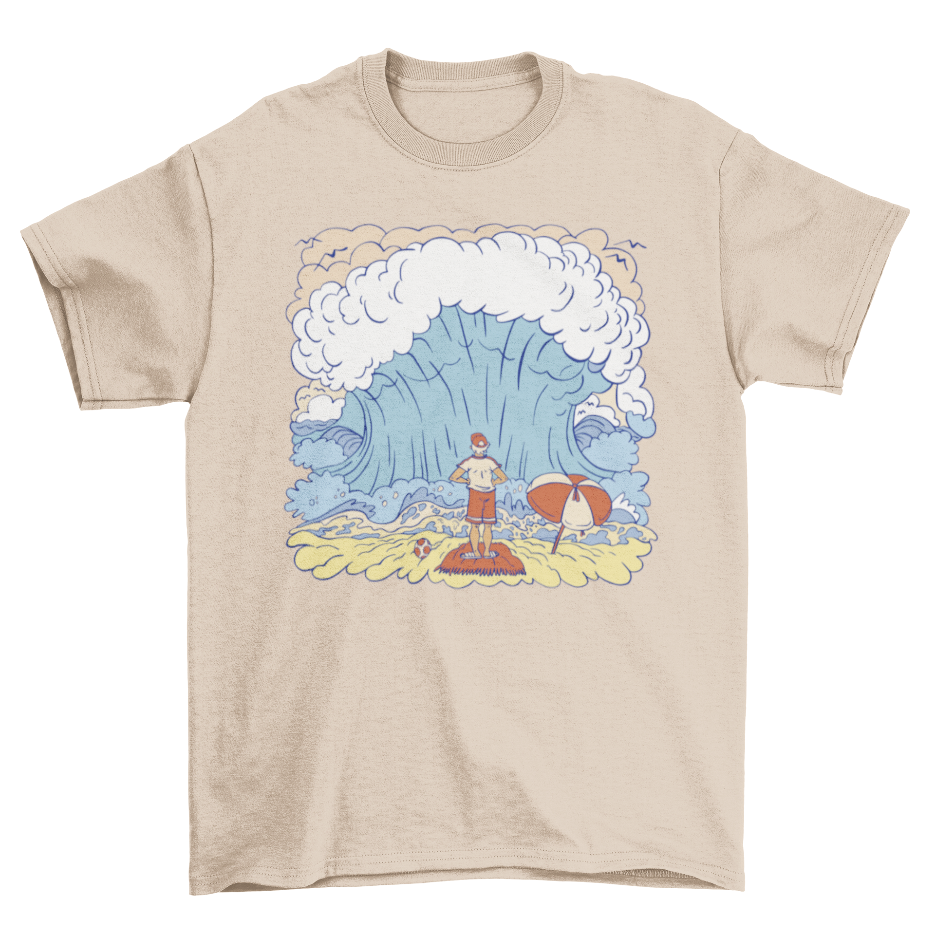 Big Wave Meme T-Shirt featuring a man standing in front of a large ocean wave at the beach.