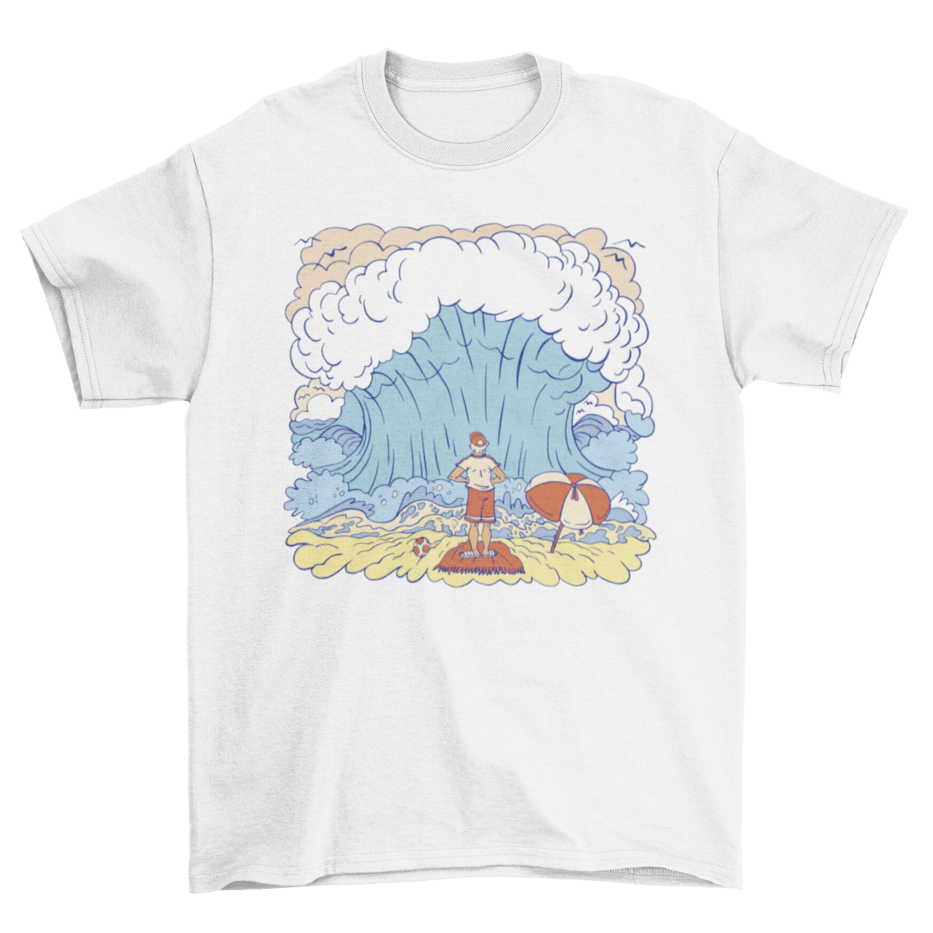 Big Wave Meme T-Shirt featuring a man standing in front of a large ocean wave at the beach.