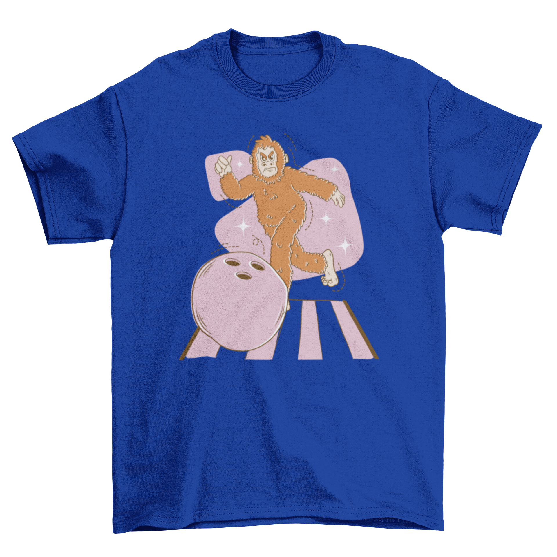 A fun Bigfoot character bowling on a t-shirt, showcasing a playful design.