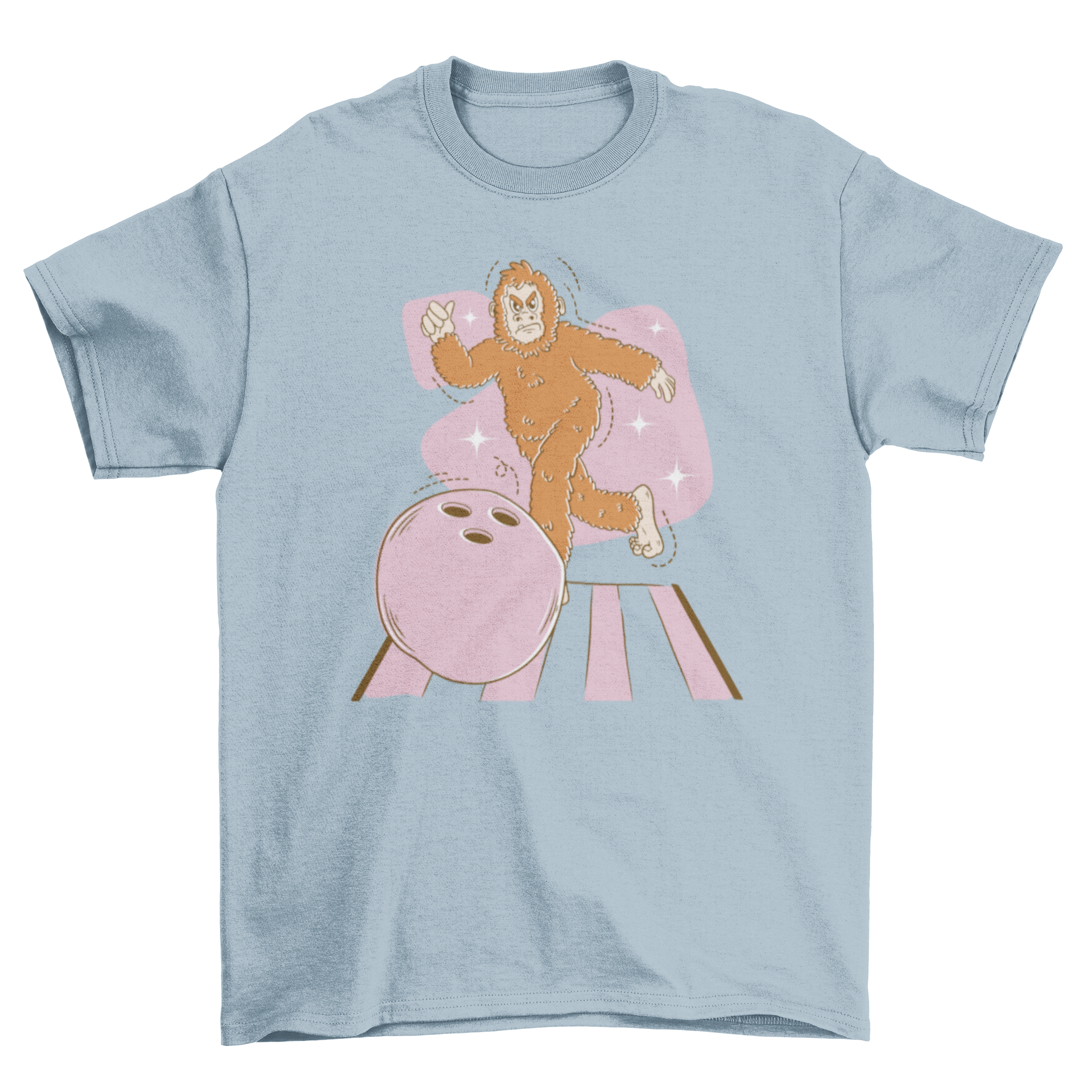 A fun Bigfoot character bowling on a t-shirt, showcasing a playful design.