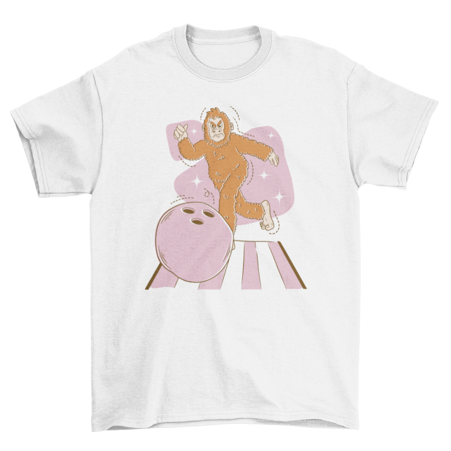 A fun Bigfoot character bowling on a t-shirt, showcasing a playful design.