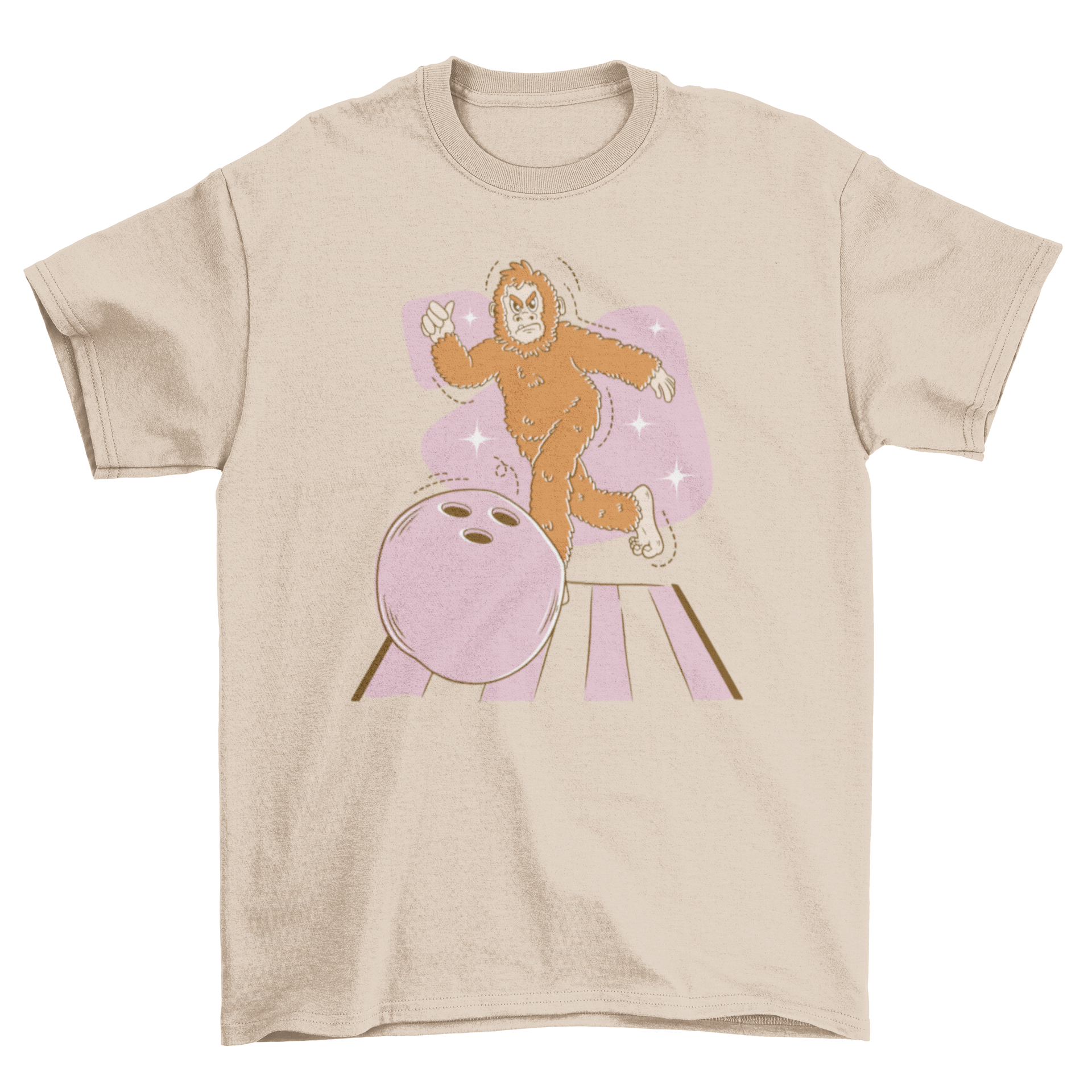 A fun Bigfoot character bowling on a t-shirt, showcasing a playful design.