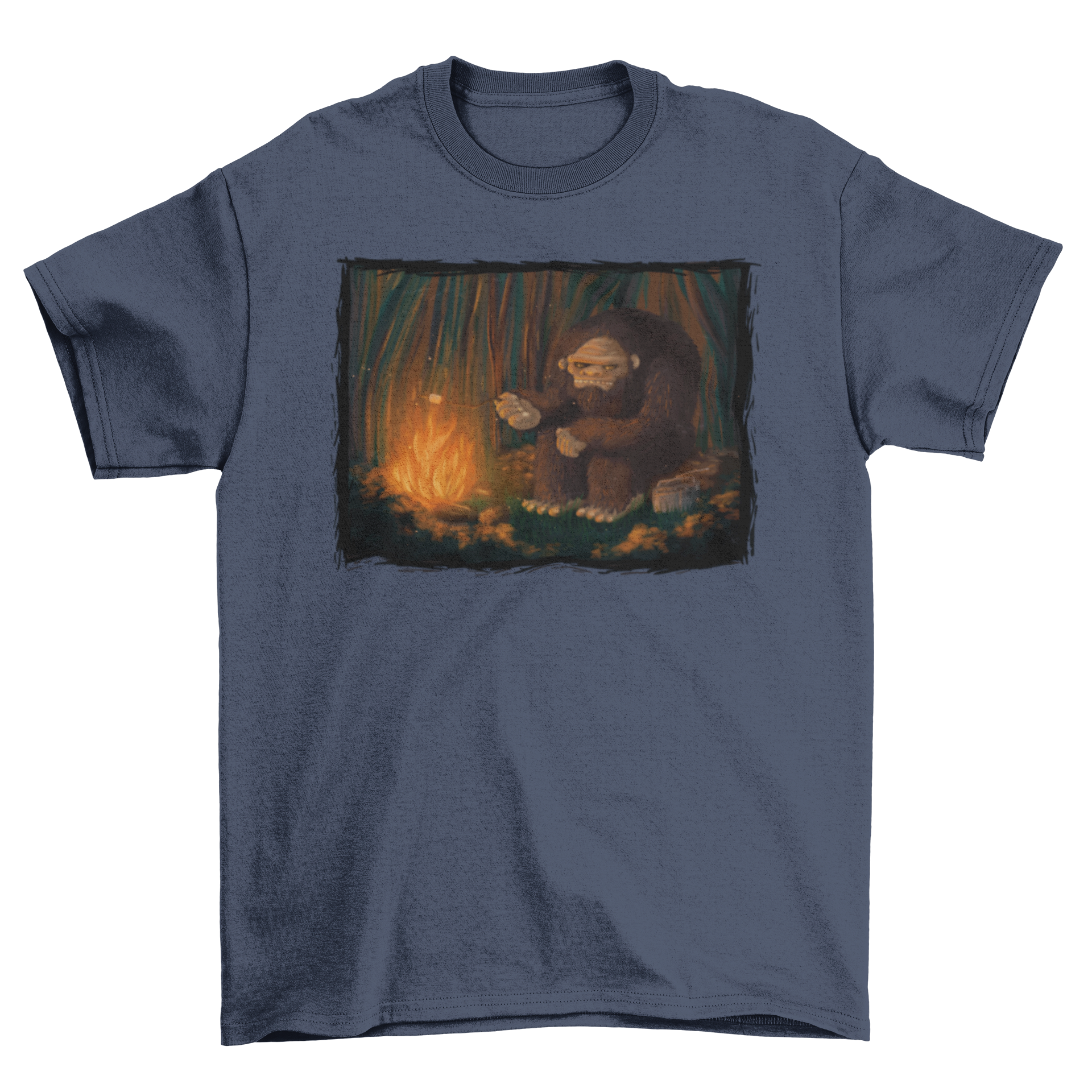 Bigfoot camping bonfire t-shirt featuring a whimsical design of Bigfoot roasting marshmallows by a bonfire.