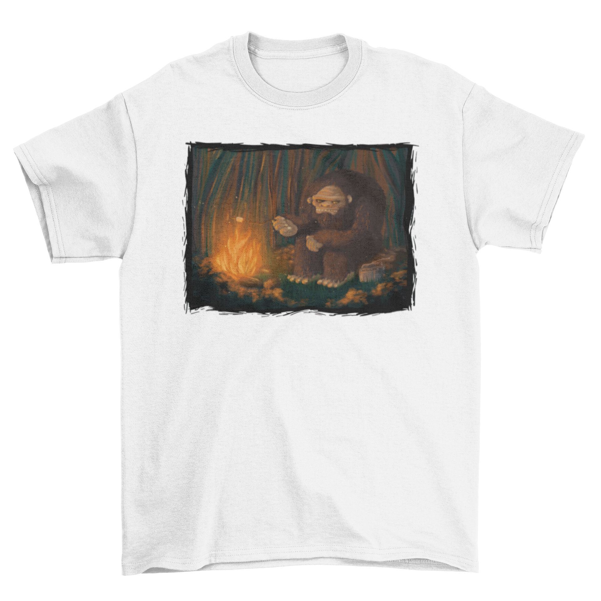 Bigfoot camping bonfire t-shirt featuring a whimsical design of Bigfoot roasting marshmallows by a bonfire.