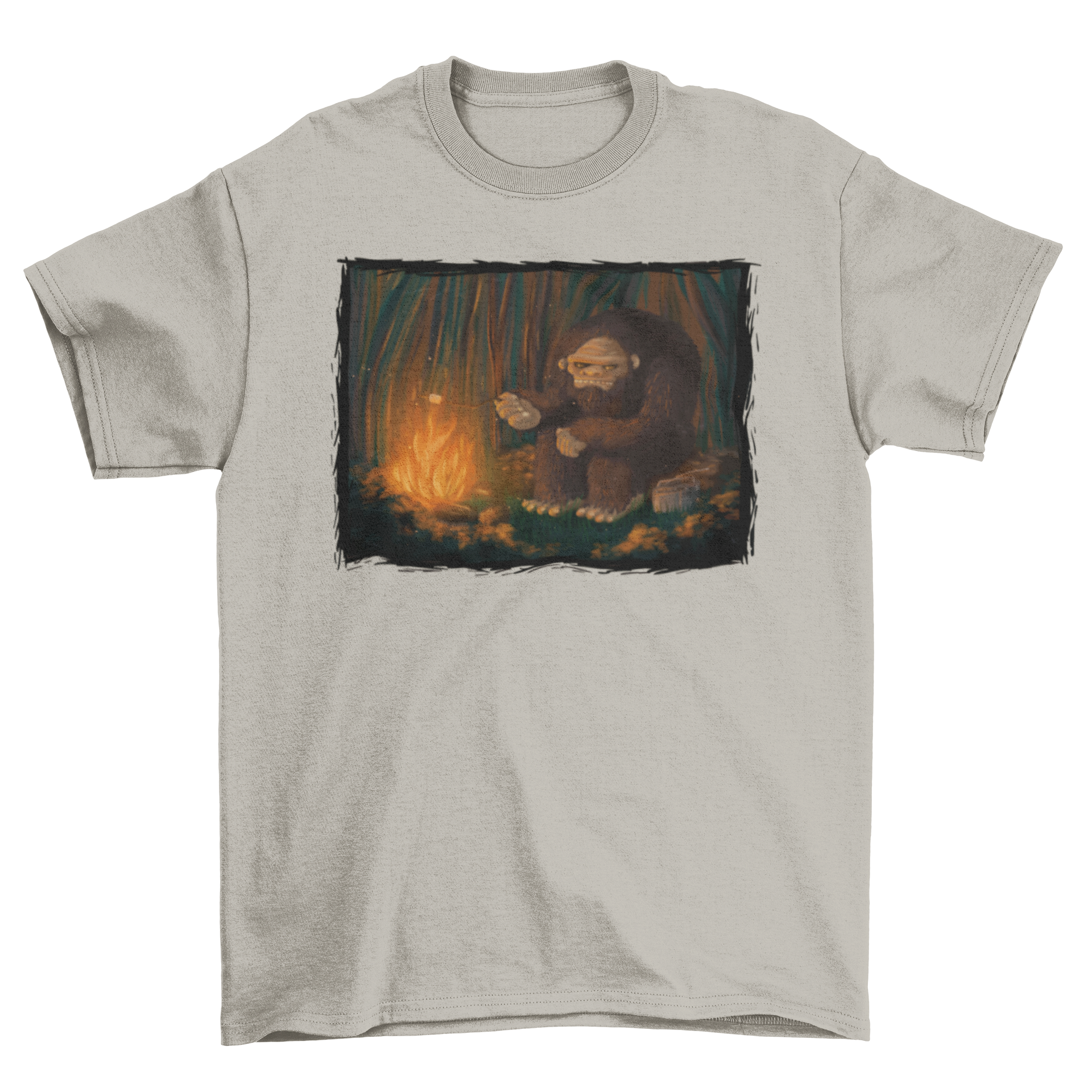 Bigfoot camping bonfire t-shirt featuring a whimsical design of Bigfoot roasting marshmallows by a bonfire.