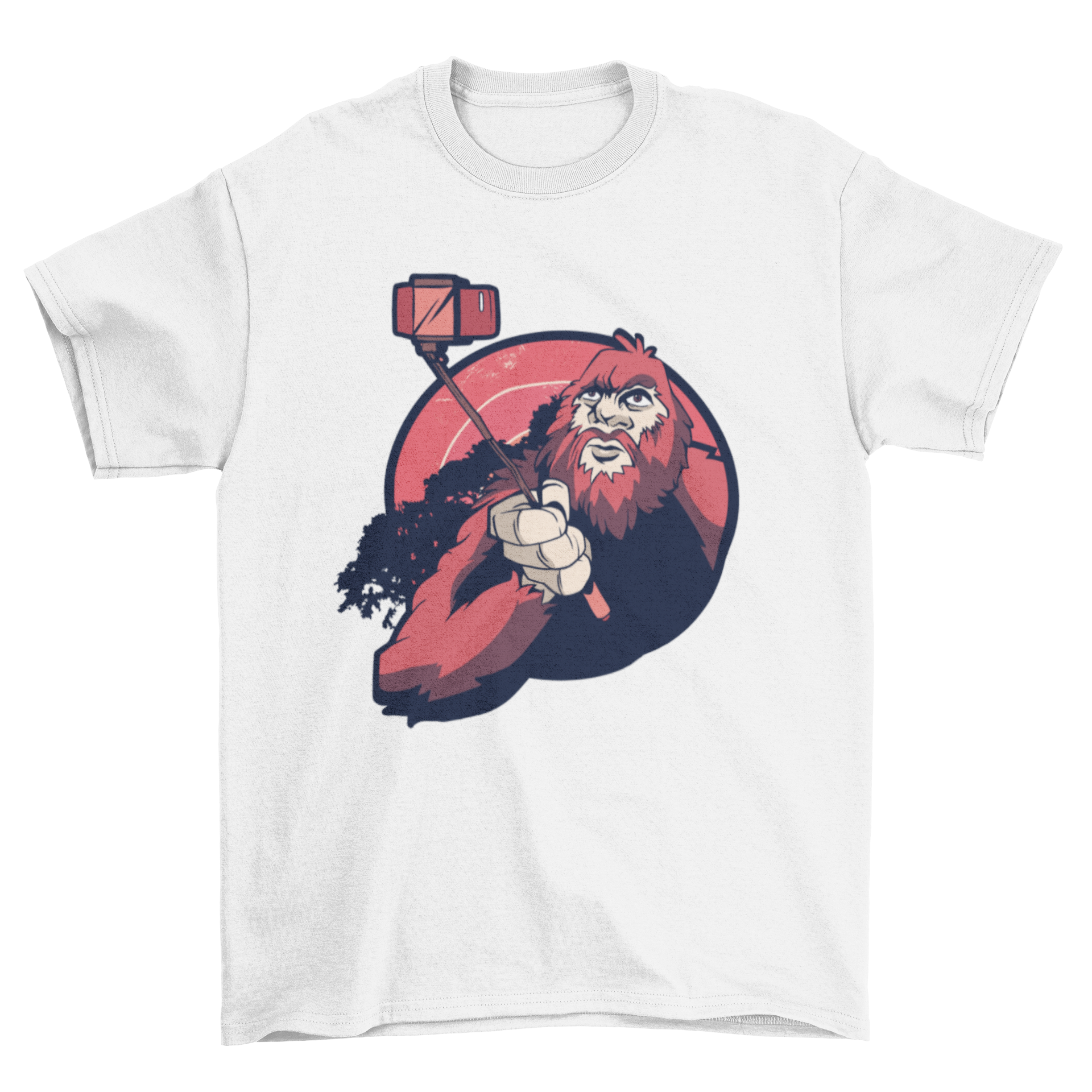 A humorous t-shirt featuring Bigfoot taking a selfie, showcasing a fun and quirky design.