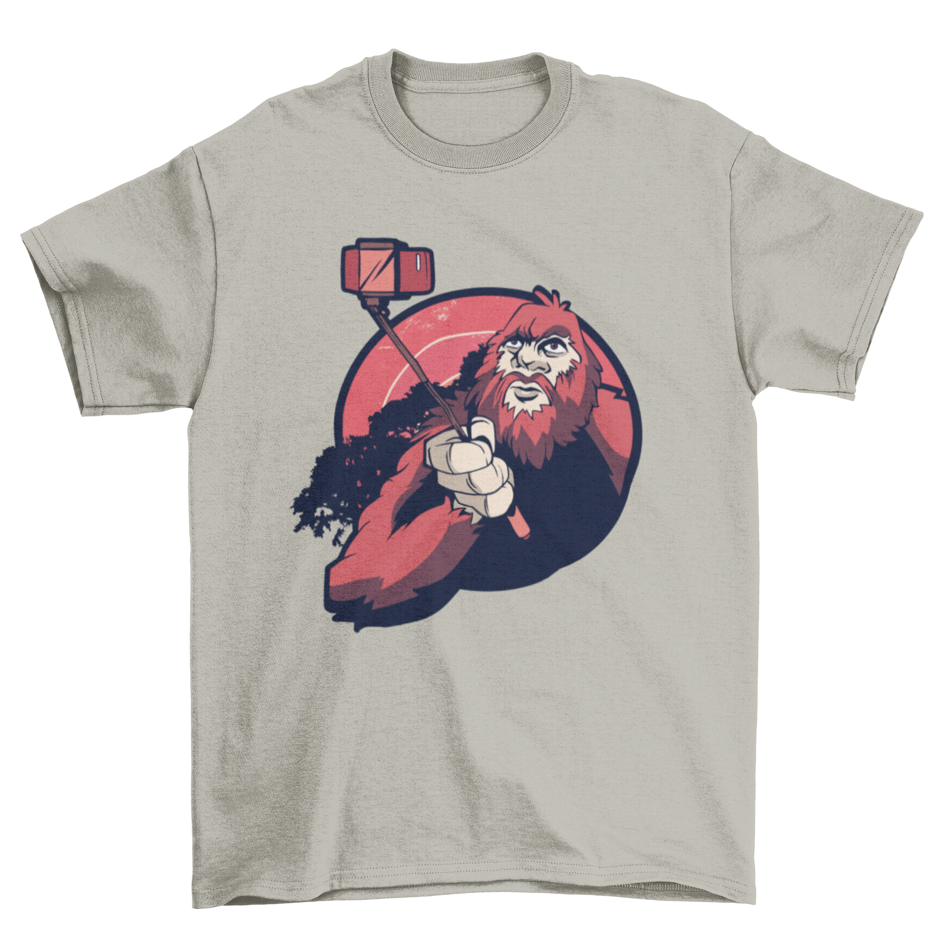 A humorous t-shirt featuring Bigfoot taking a selfie, showcasing a fun and quirky design.