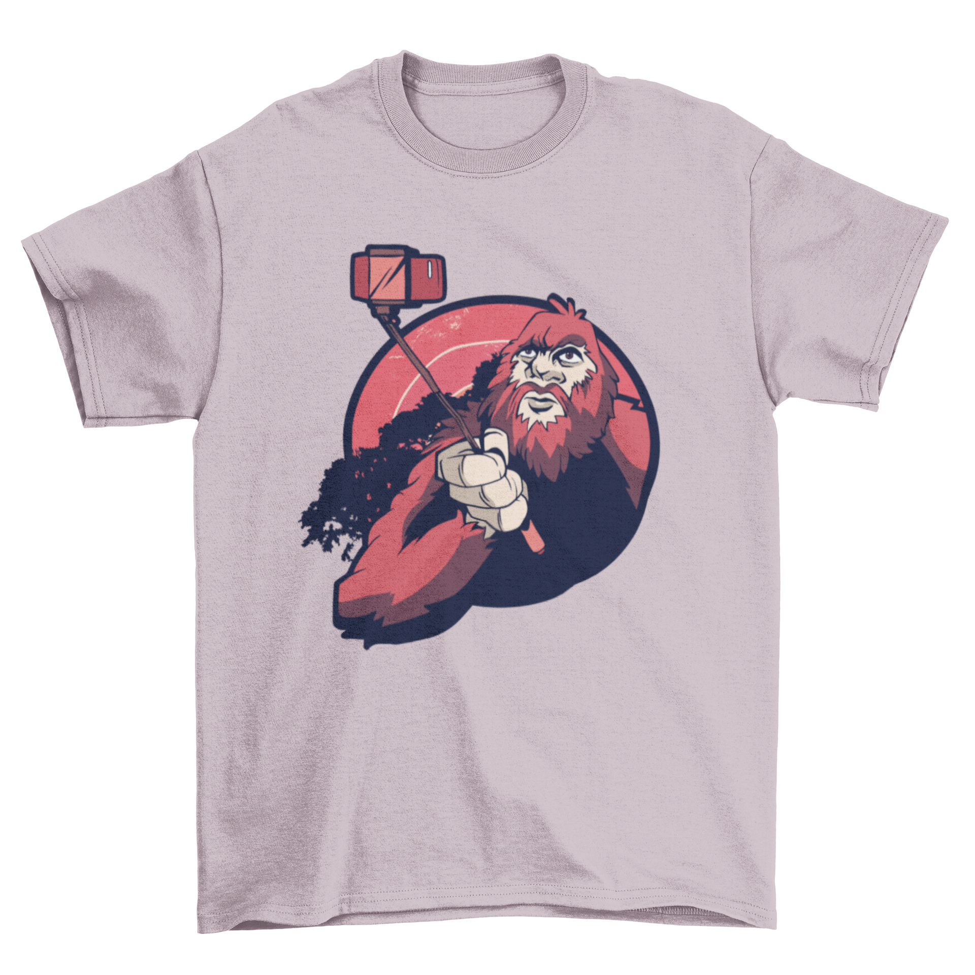 A humorous t-shirt featuring Bigfoot taking a selfie, showcasing a fun and quirky design.