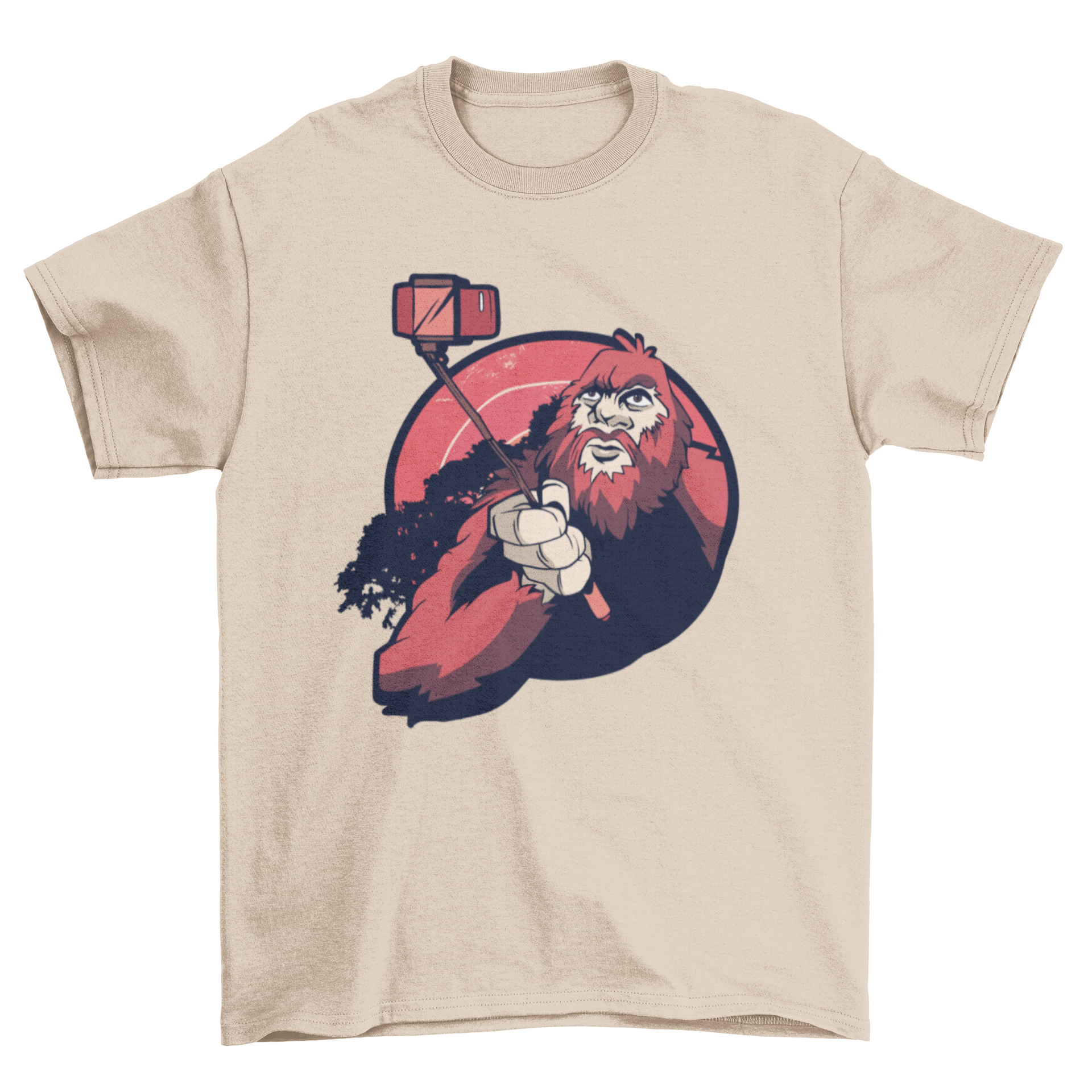 A humorous t-shirt featuring Bigfoot taking a selfie, showcasing a fun and quirky design.