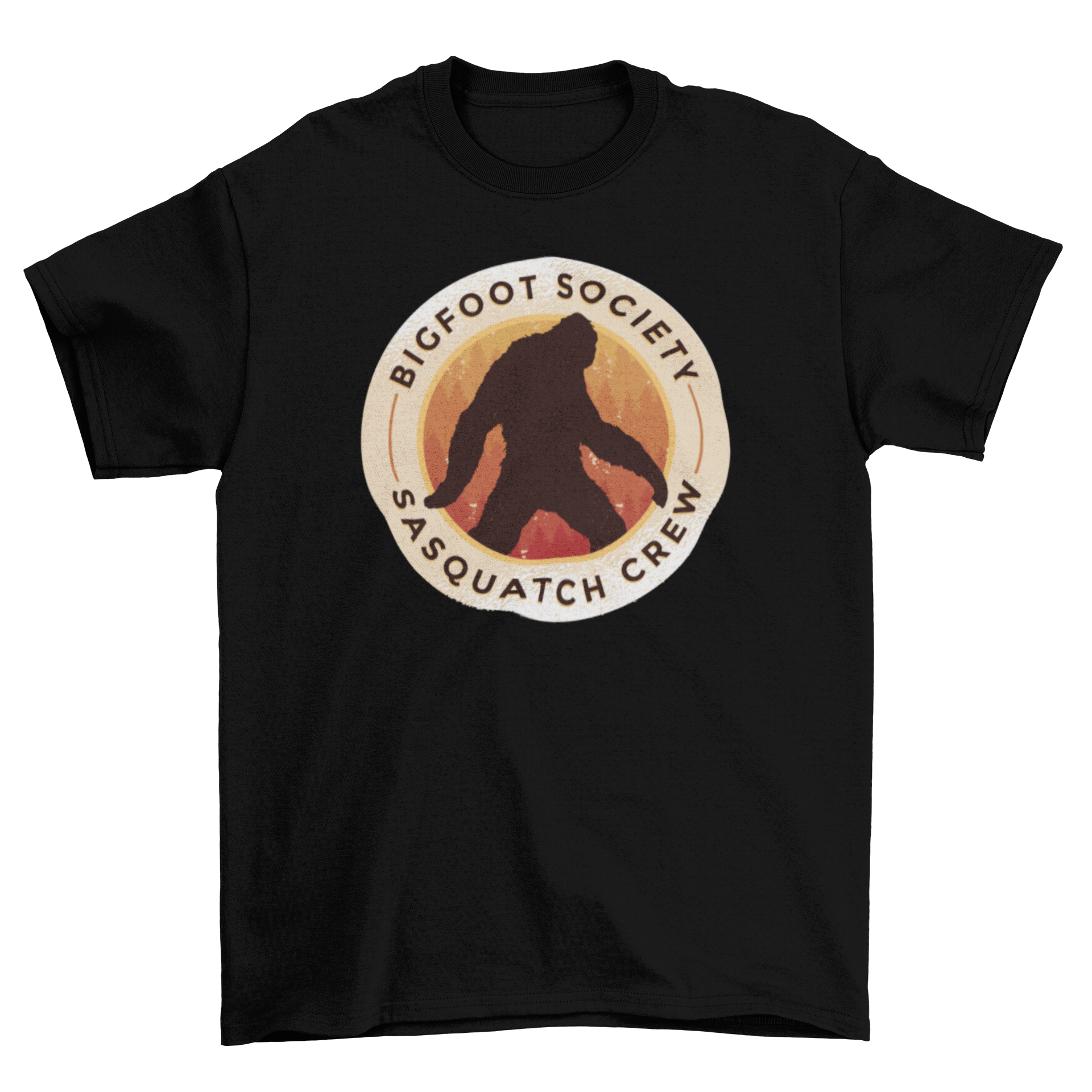 Bigfoot Society T-shirt featuring a round badge design with Sasquatch and text 'BIGFOOT SOCIETY SASQUATCH CREW'.