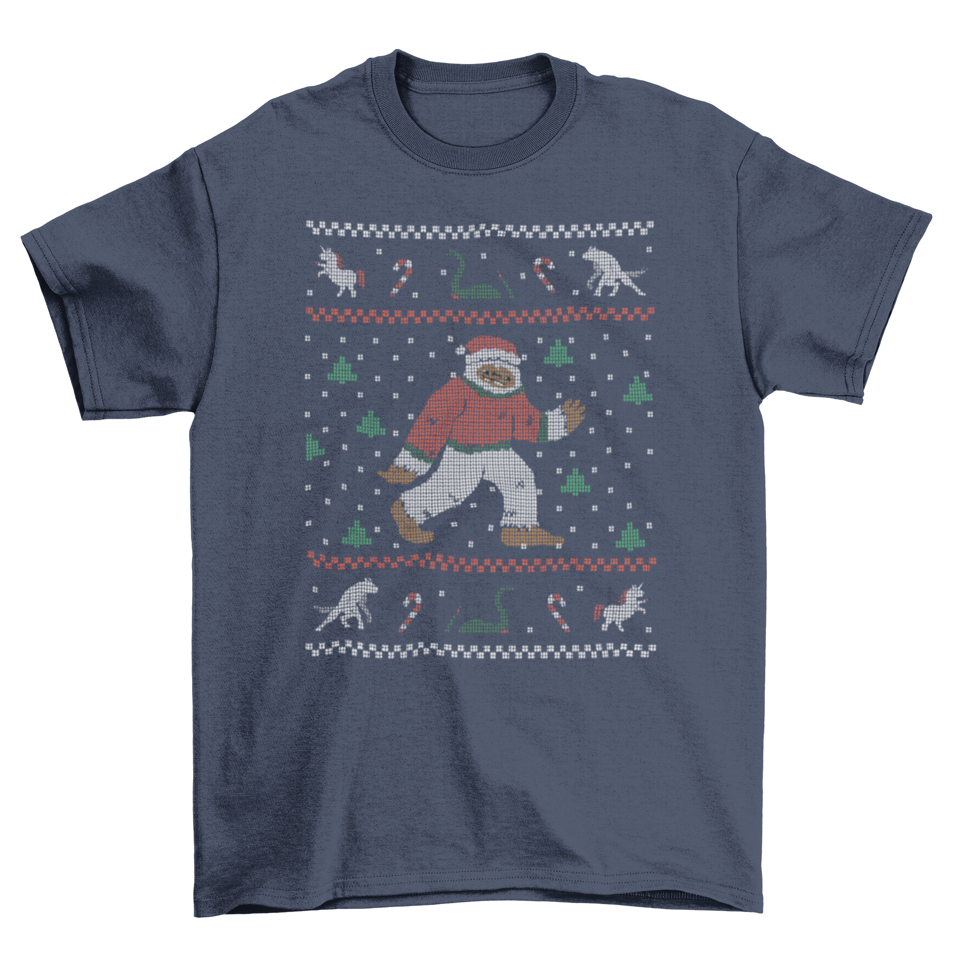 A festive t-shirt featuring Bigfoot in a Christmas sweater, perfect for holiday celebrations.