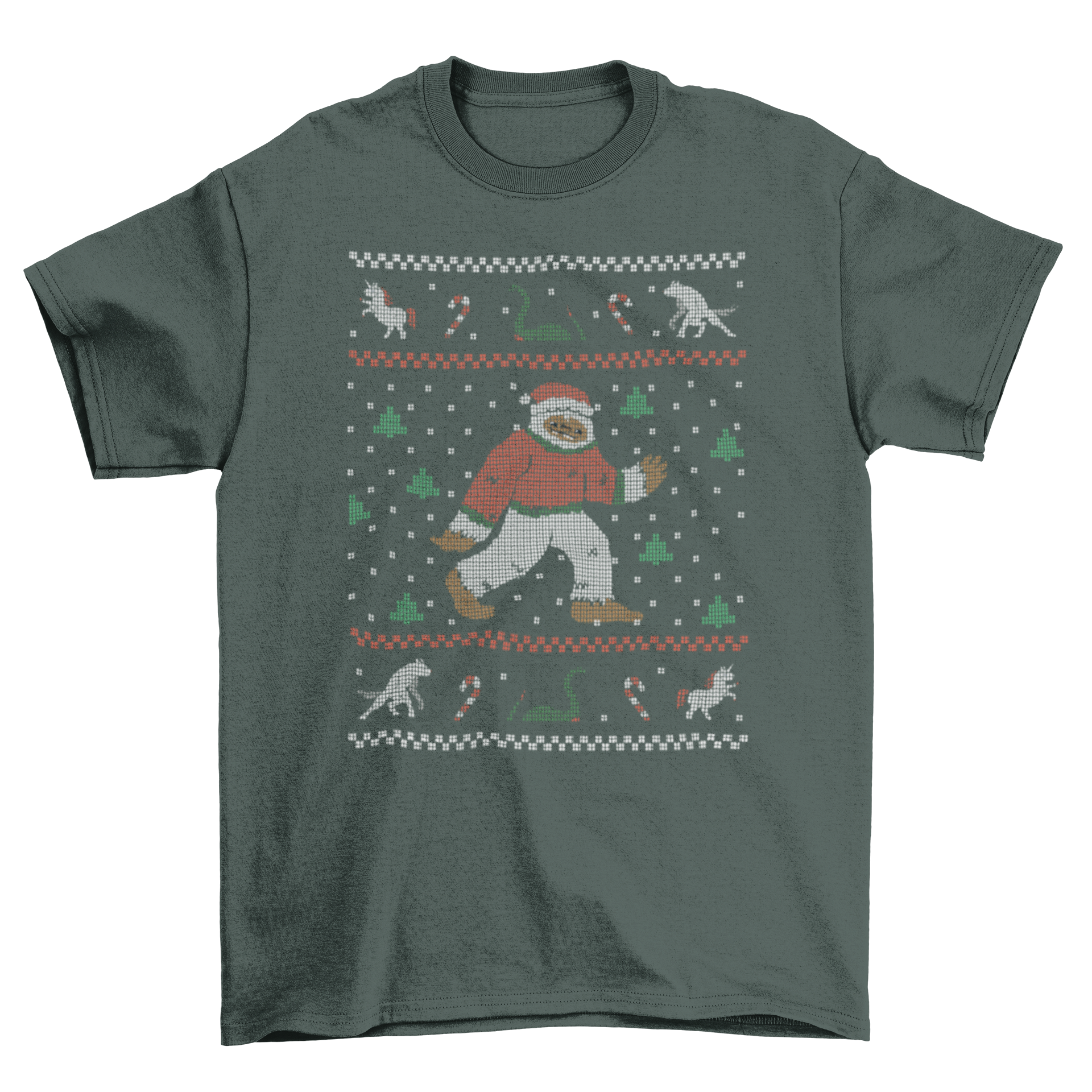 A festive t-shirt featuring Bigfoot in a Christmas sweater, perfect for holiday celebrations.