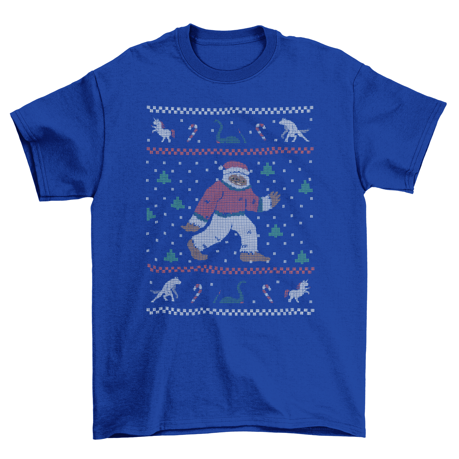 A festive t-shirt featuring Bigfoot in a Christmas sweater, perfect for holiday celebrations.