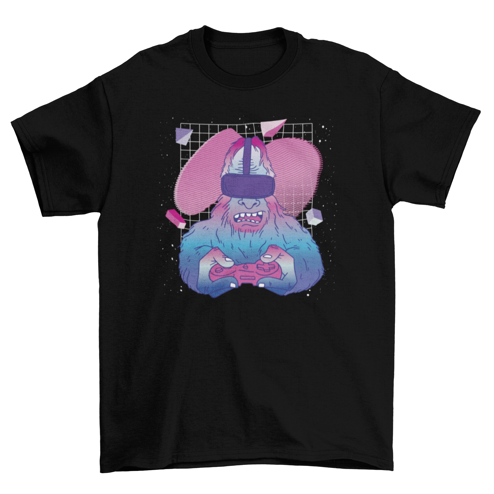 Bigfoot vaporwave VR t-shirt featuring a colorful design of Bigfoot playing video games in a retro aesthetic.