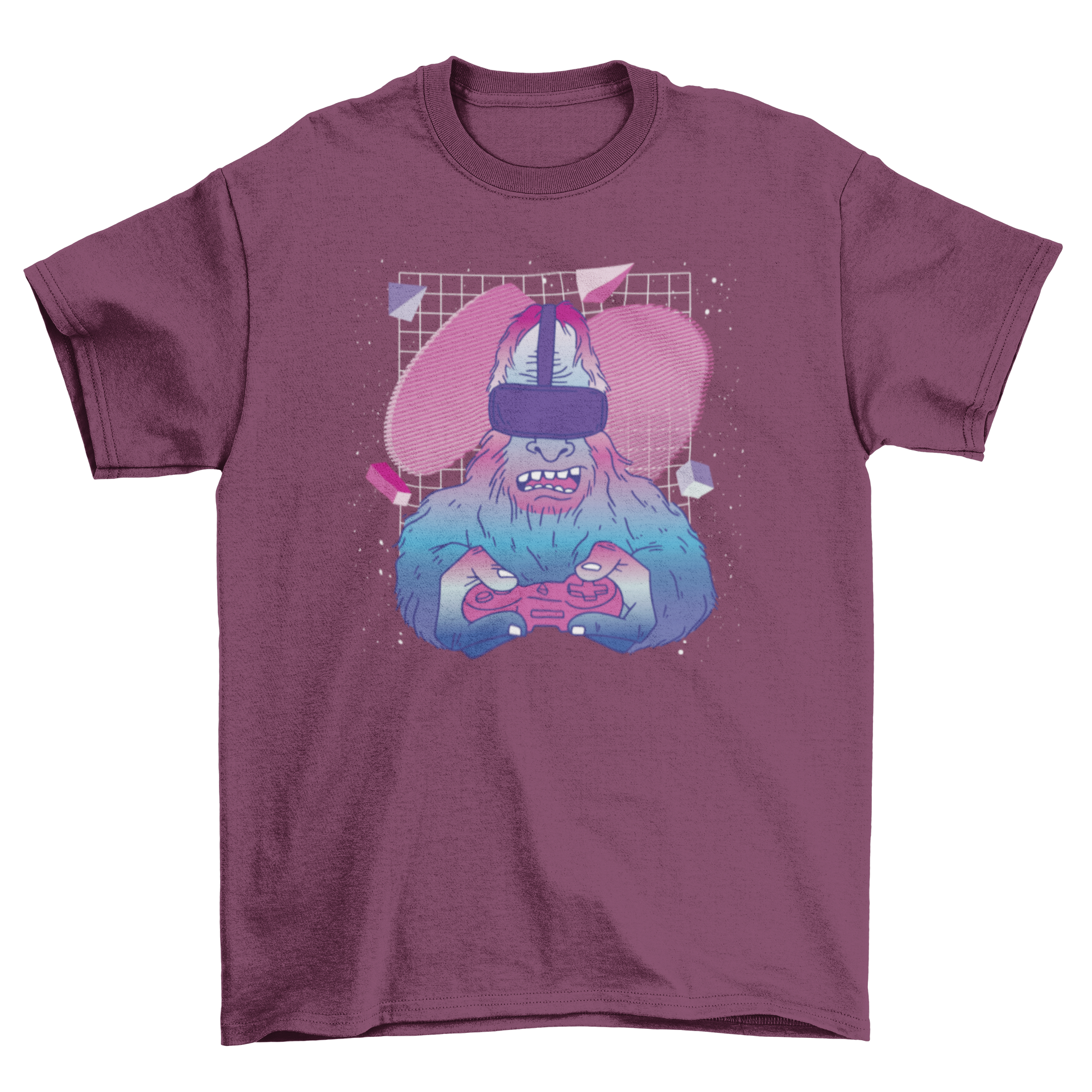 Bigfoot vaporwave VR t-shirt featuring a colorful design of Bigfoot playing video games in a retro aesthetic.