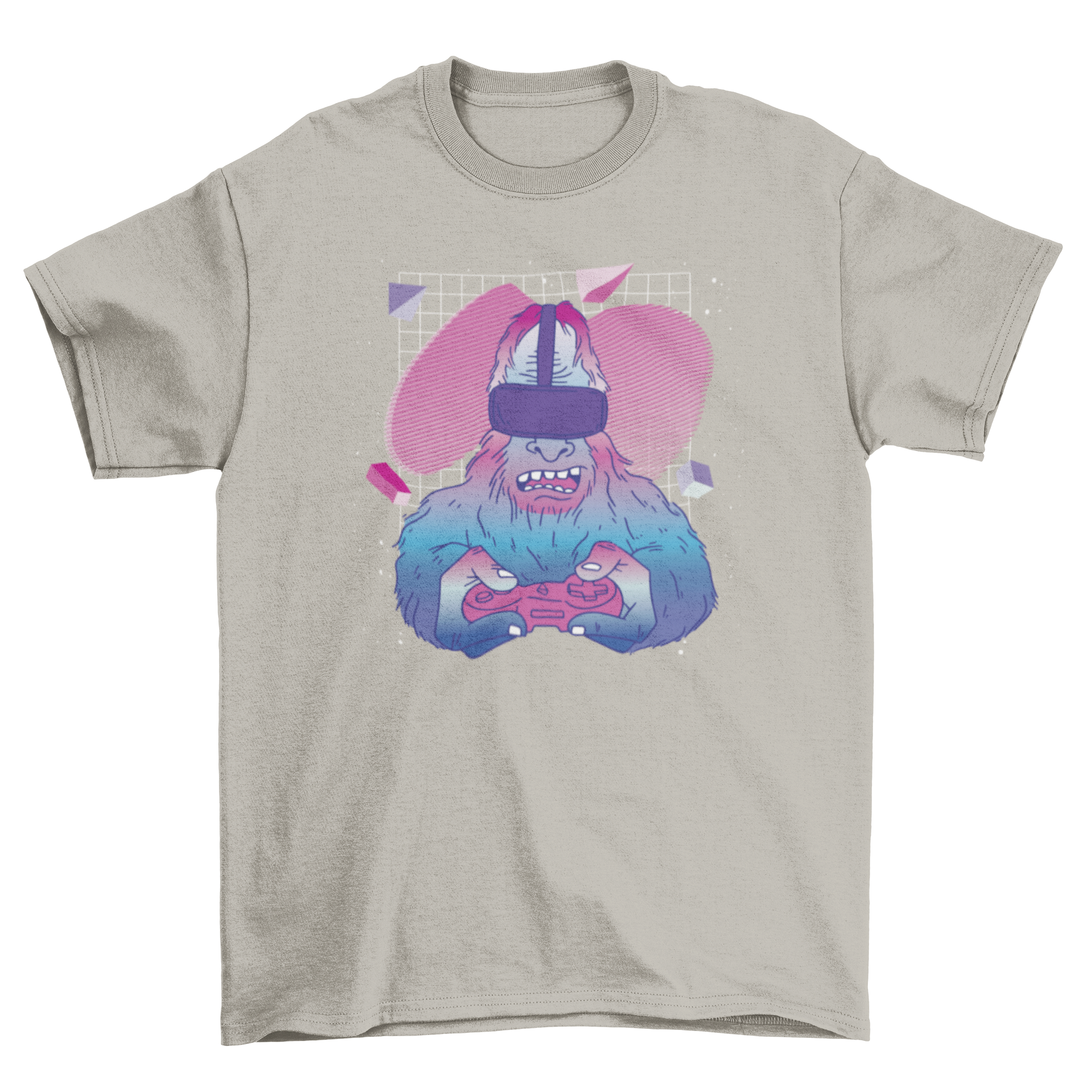 Bigfoot vaporwave VR t-shirt featuring a colorful design of Bigfoot playing video games in a retro aesthetic.