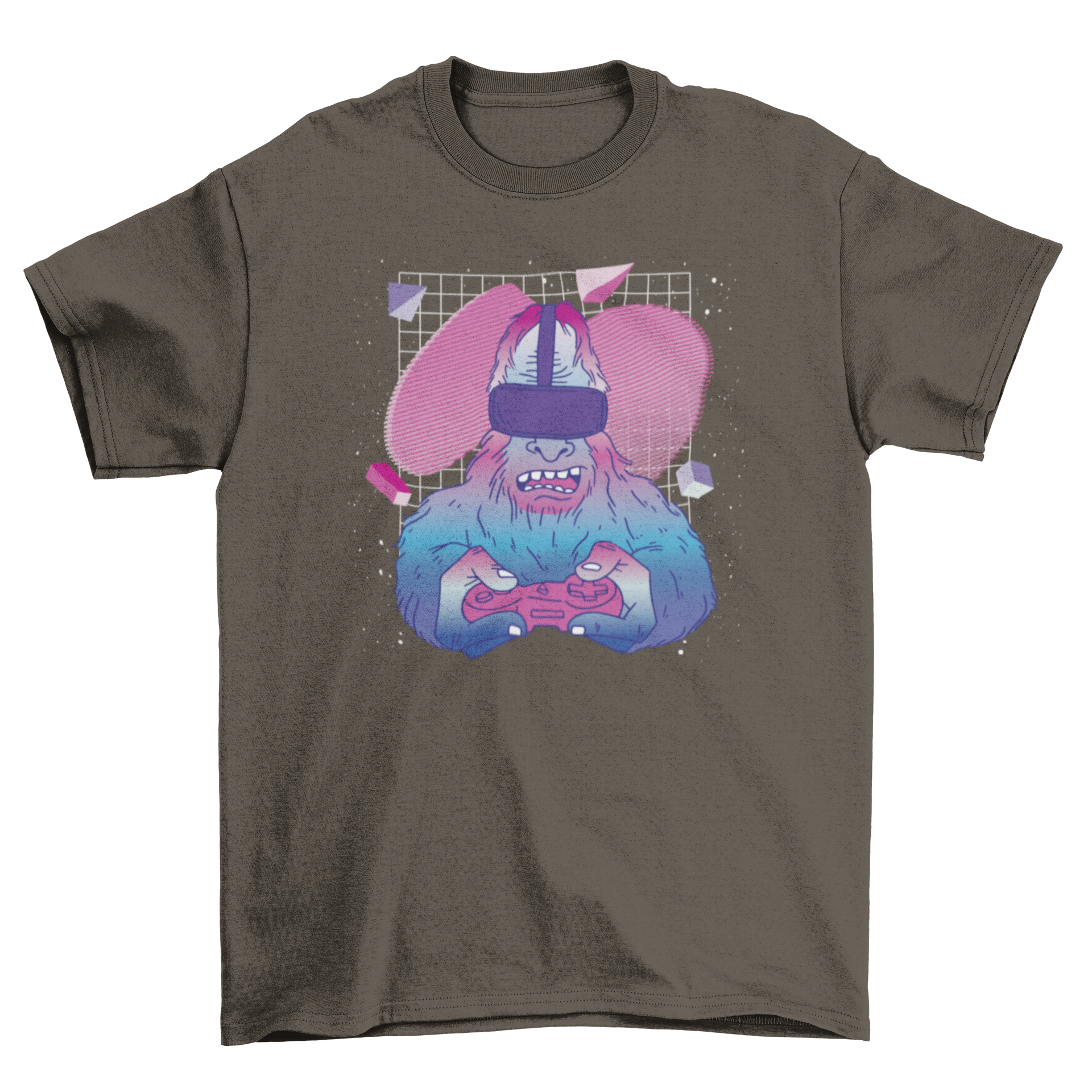 Bigfoot vaporwave VR t-shirt featuring a colorful design of Bigfoot playing video games in a retro aesthetic.