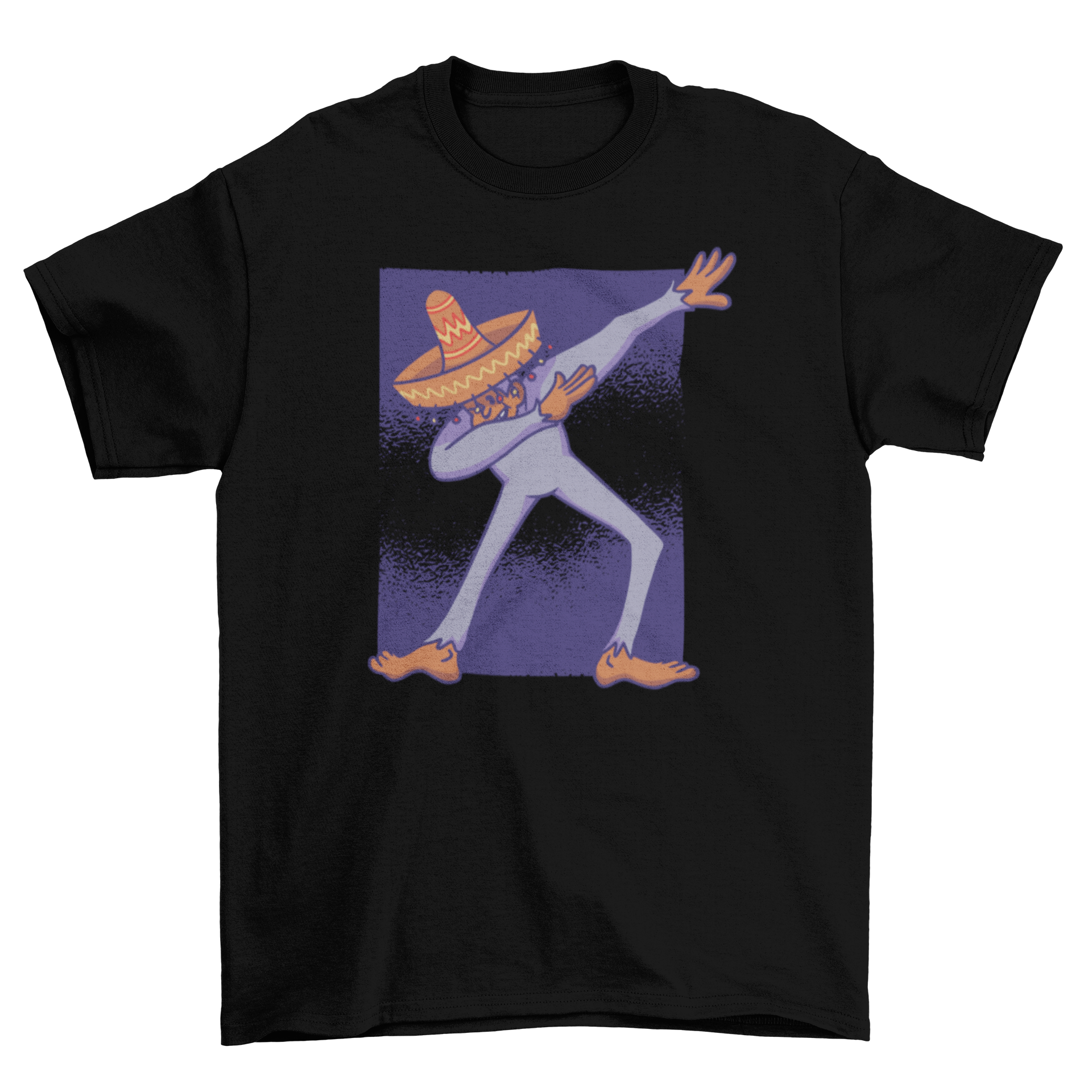 A playful t-shirt featuring a Mexican Bigfoot wearing a sombrero and dabbing, showcasing a fun and unique design.