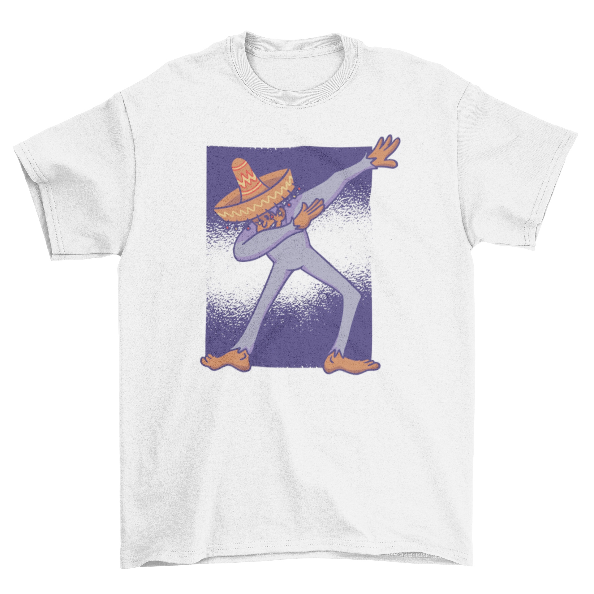 A playful t-shirt featuring a Mexican Bigfoot wearing a sombrero and dabbing, showcasing a fun and unique design.