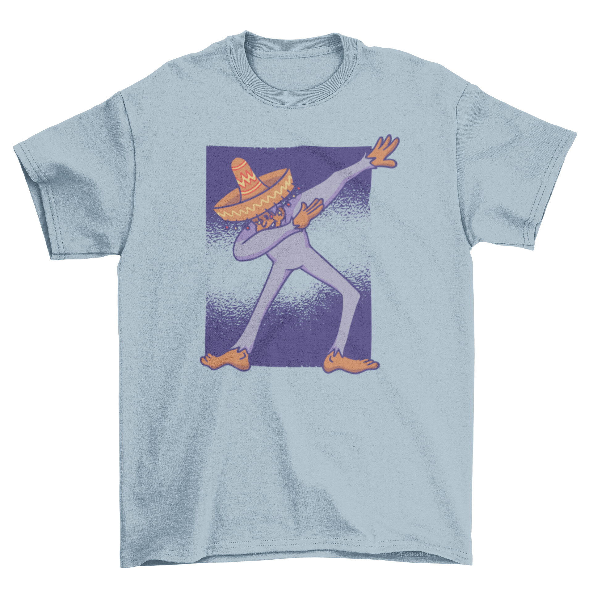 A playful t-shirt featuring a Mexican Bigfoot wearing a sombrero and dabbing, showcasing a fun and unique design.