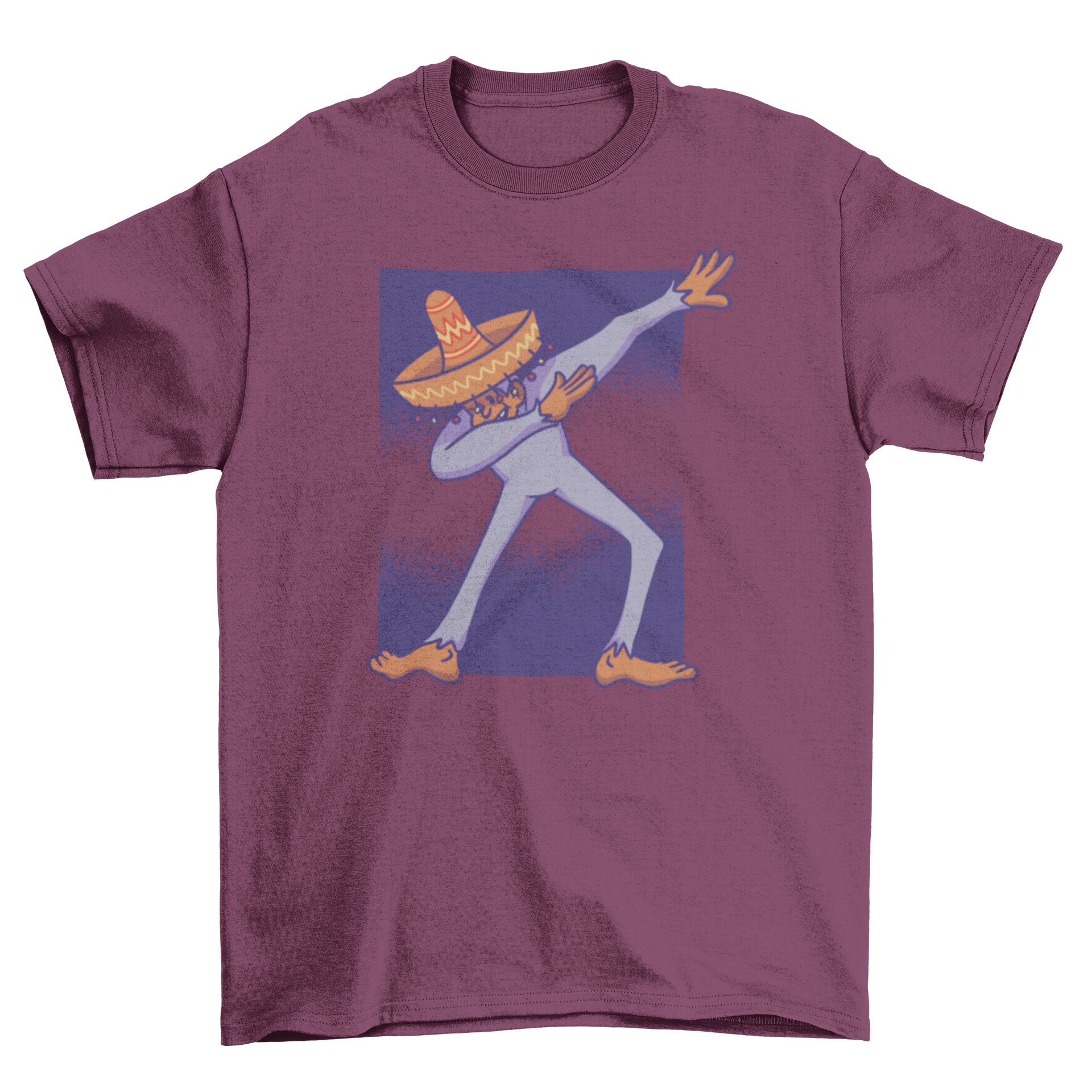 A playful t-shirt featuring a Mexican Bigfoot wearing a sombrero and dabbing, showcasing a fun and unique design.