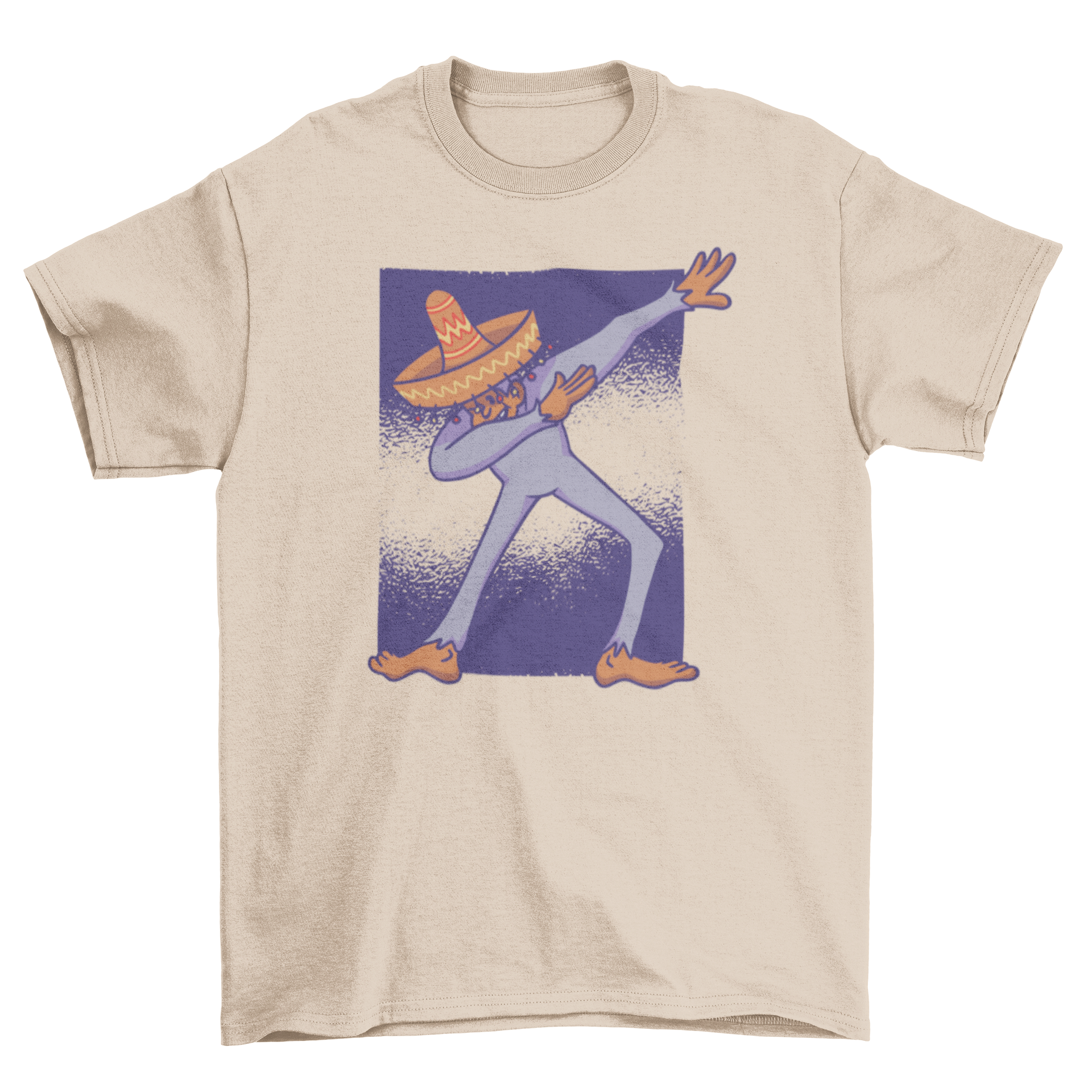 A playful t-shirt featuring a Mexican Bigfoot wearing a sombrero and dabbing, showcasing a fun and unique design.