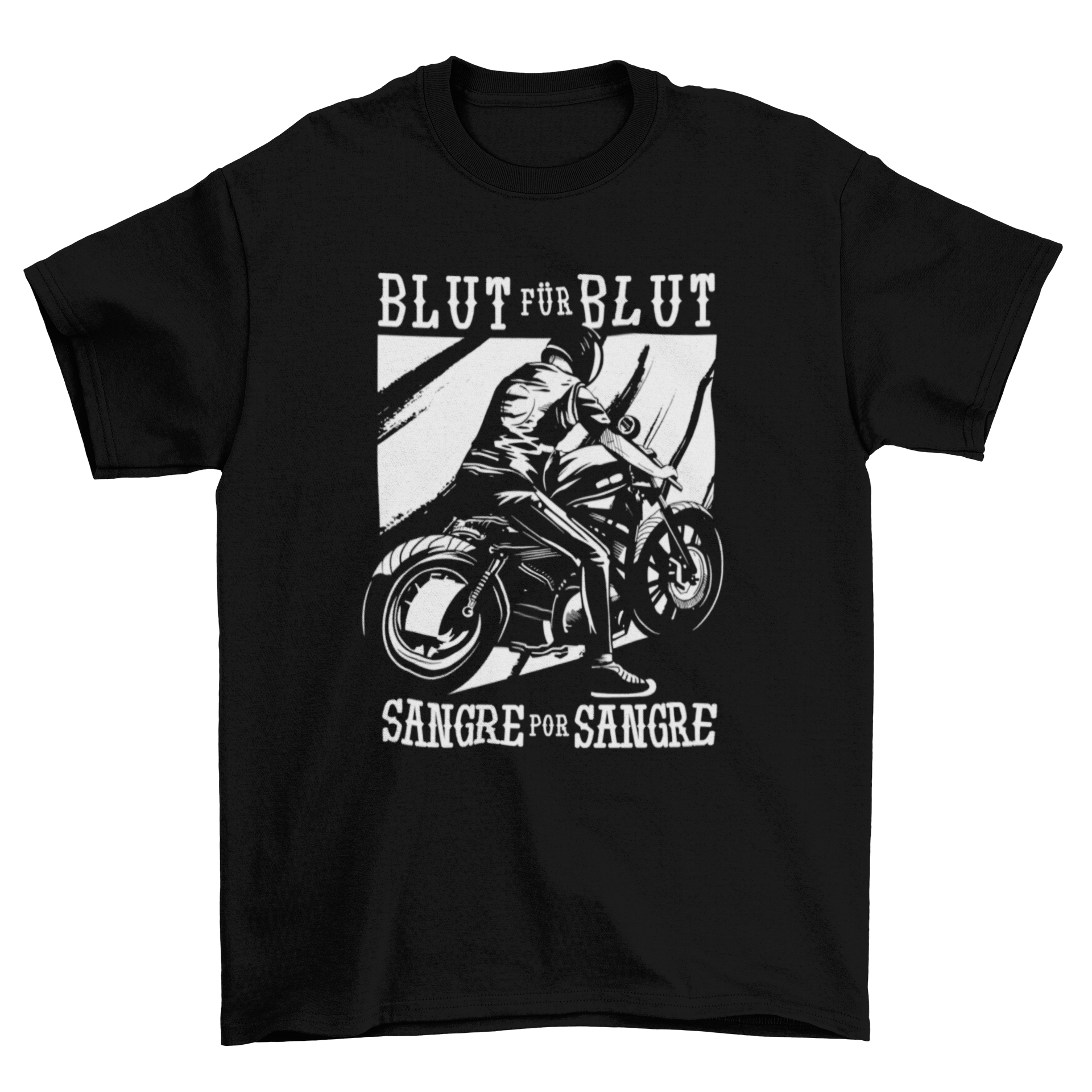 Black and white T-shirt featuring a motorcycle rider with German and Spanish quotes.