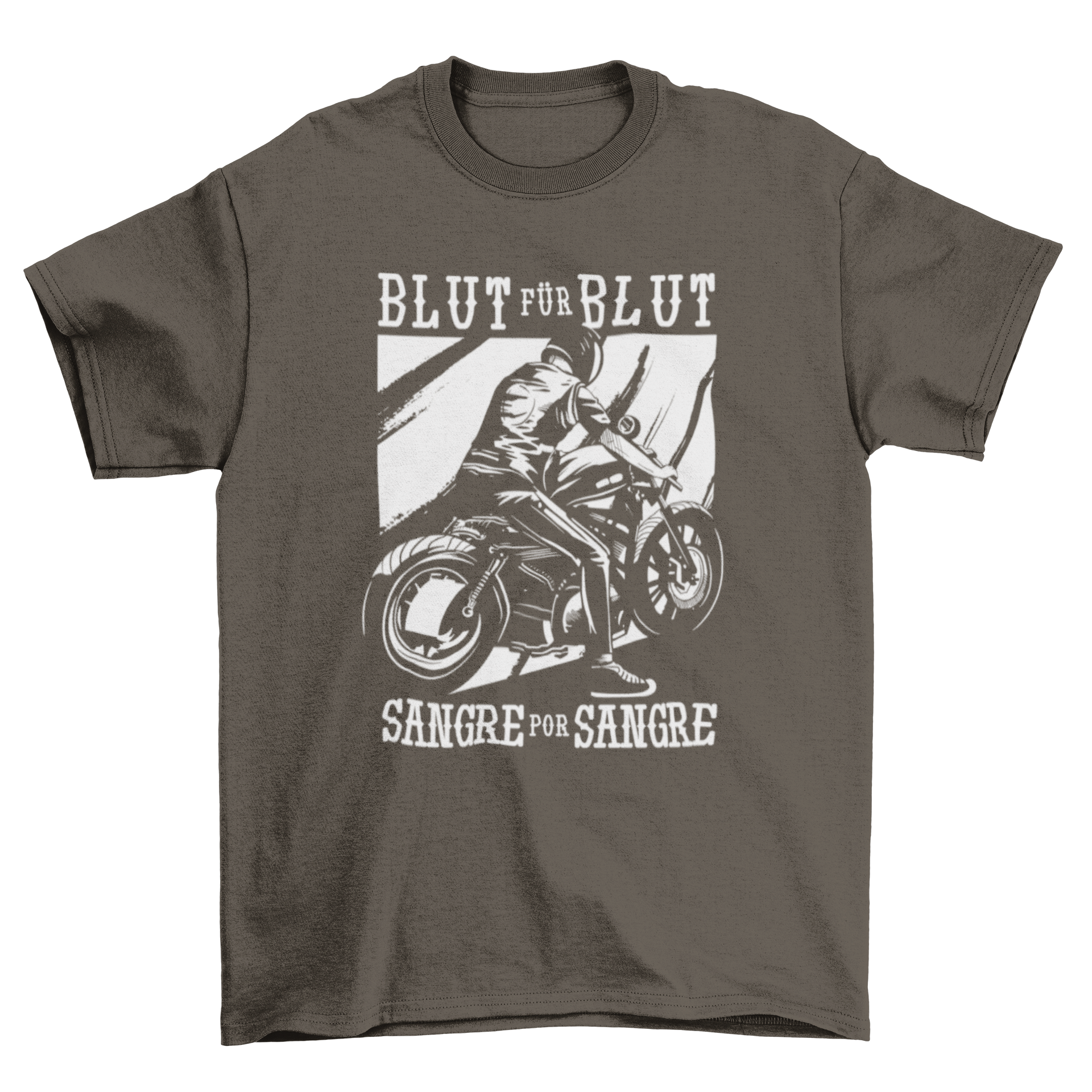 Black and white T-shirt featuring a motorcycle rider with German and Spanish quotes.