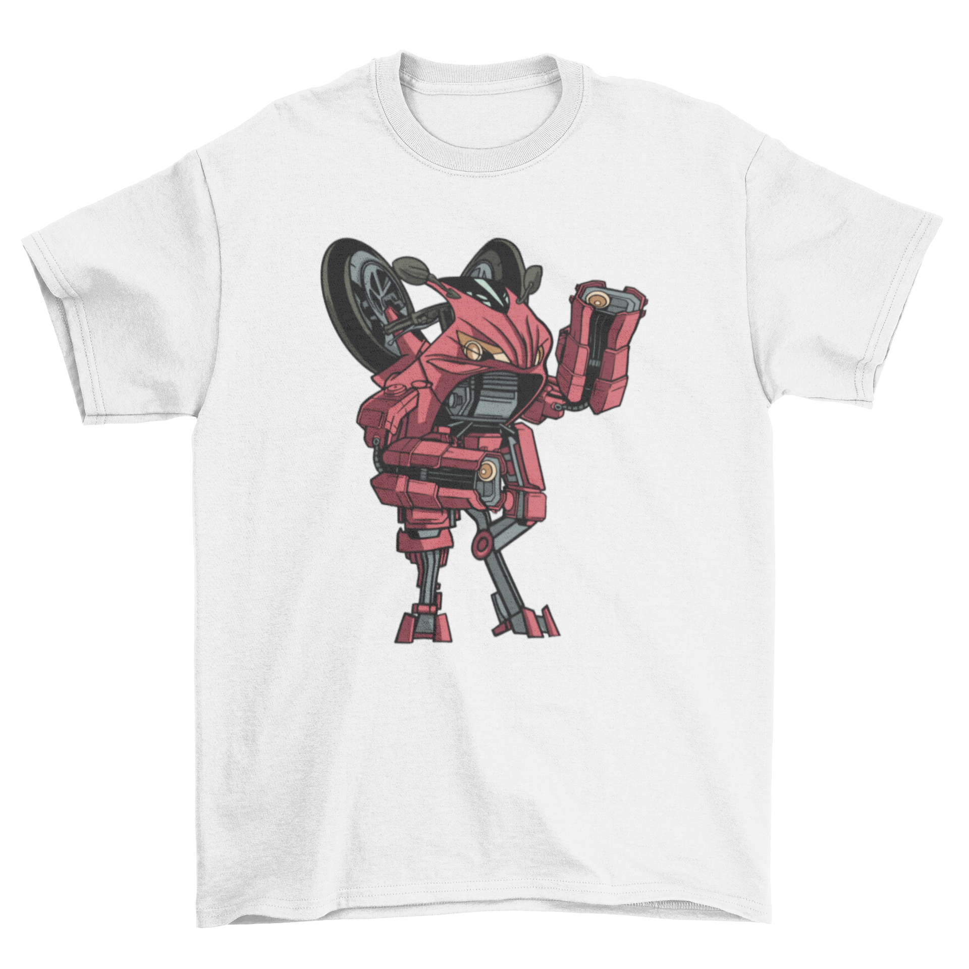 A vibrant red T-shirt featuring a creative design of a bike transformed into a robot, showcasing a unique blend of cycling and futuristic themes.